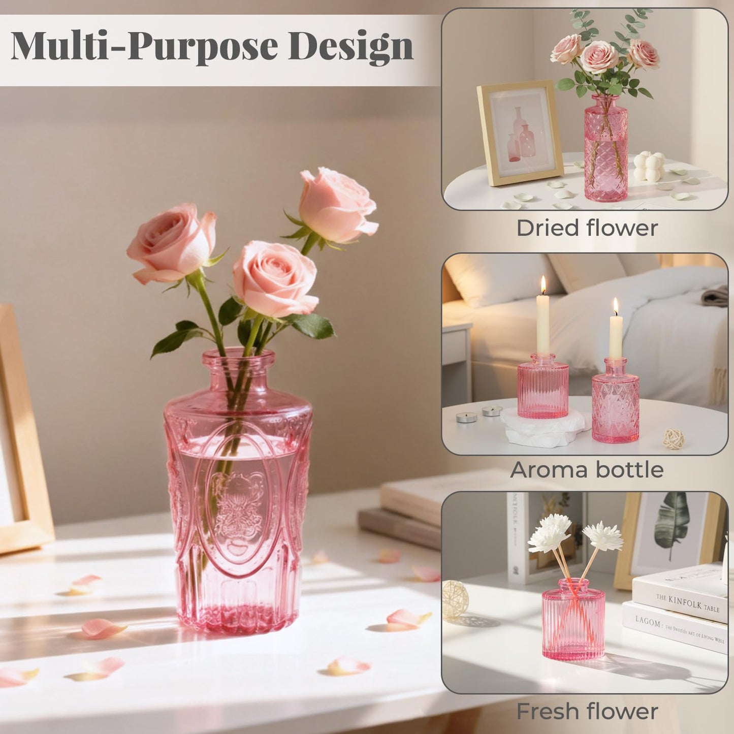 12 Pack Bud Vase in Bulk - BEAHOT Pink Flower Vases for Wedding Decorations, Glass Vase for Table Decorations, Small Vase for Home, Mother's Day, Centerpieces, Party, Office (Pink)