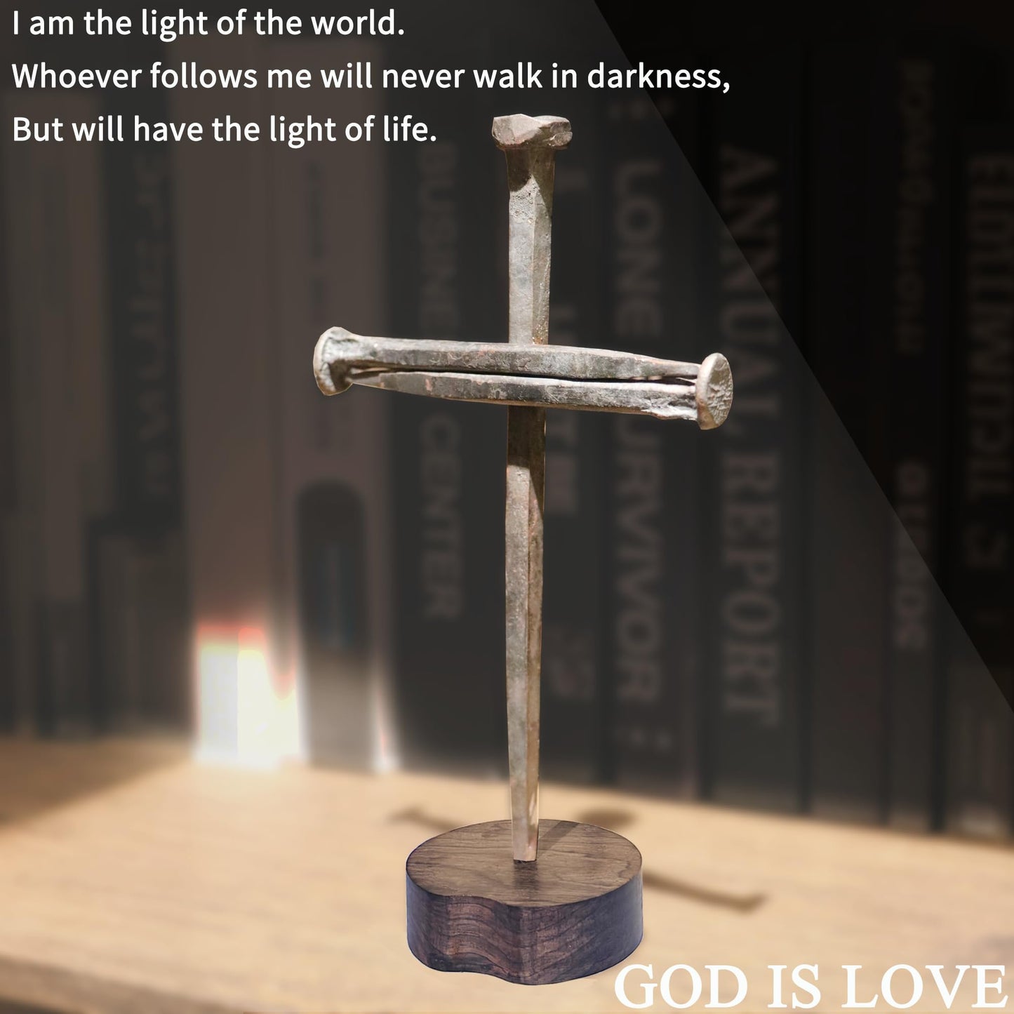 LeMeeOly Jesus Christ Crucifixion Nail Metal Cross Wooden Base, Religious Gifts for Mom Mothers Day, Baptism & Religious Gifts for Men Women,Christian Home Decor (Solid Wood Base)