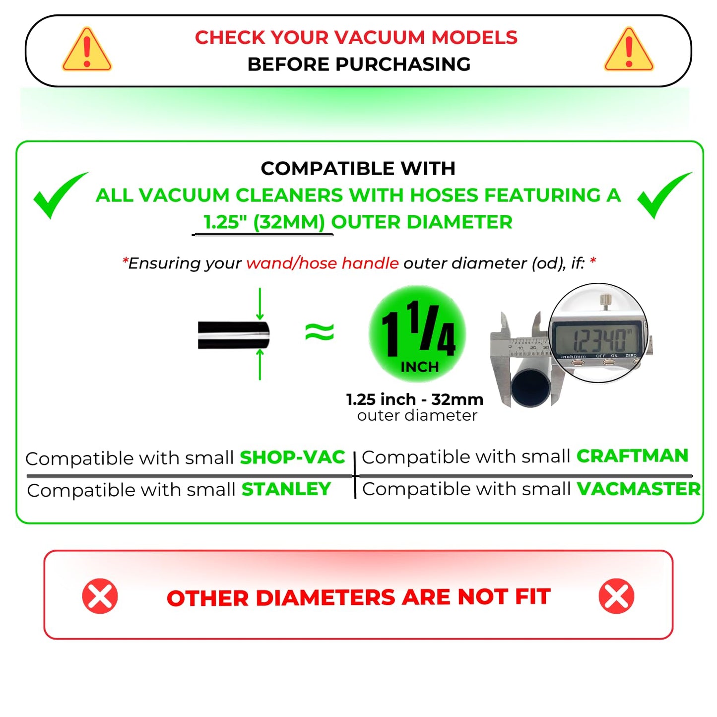 1.25 Inch Stainless Steel Vacuum Extension Wand Compatible with Vacuums using 1 1/4 Inch (1.25in) 32mm Accessories - 1 1/4 Vacuum Extension Tube for Shop Vac (Extension Wand and Hard Floor Brush)