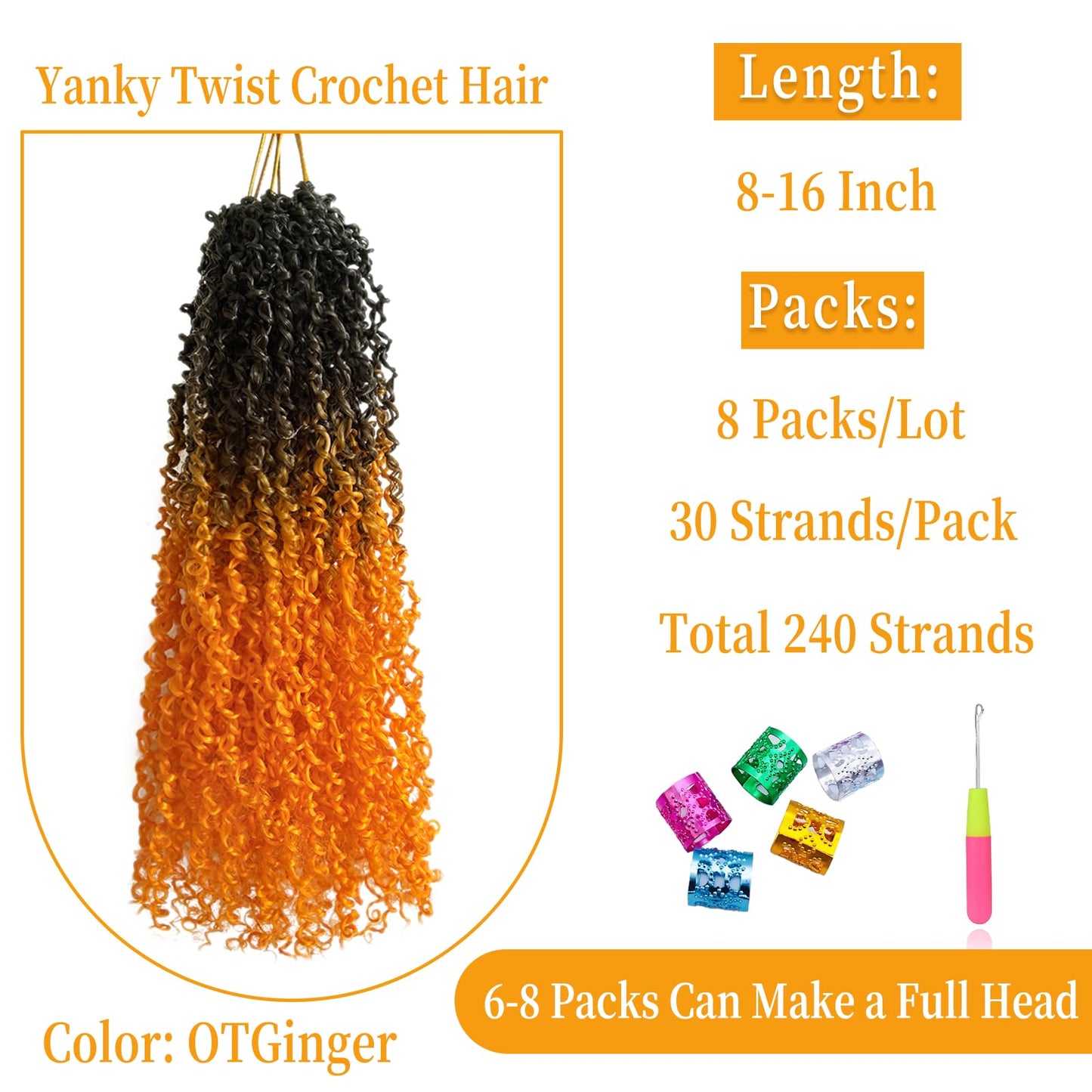 12 Inch Pre-Looped Yanky Twist Crochet Hair, 30 Strands/Pc, Mini Passion Twists, Senegalese Braiding Hair (OTGinger, 8 Pcs/Pack)