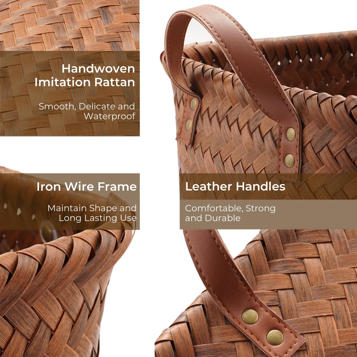 GIB Large Wicker Storage Baskets for Shelves, Woven Baskets for Organizing Blanket Clothes, Laundry Closet Storage Bins Organizer with Handles, Brown, 4 Pack