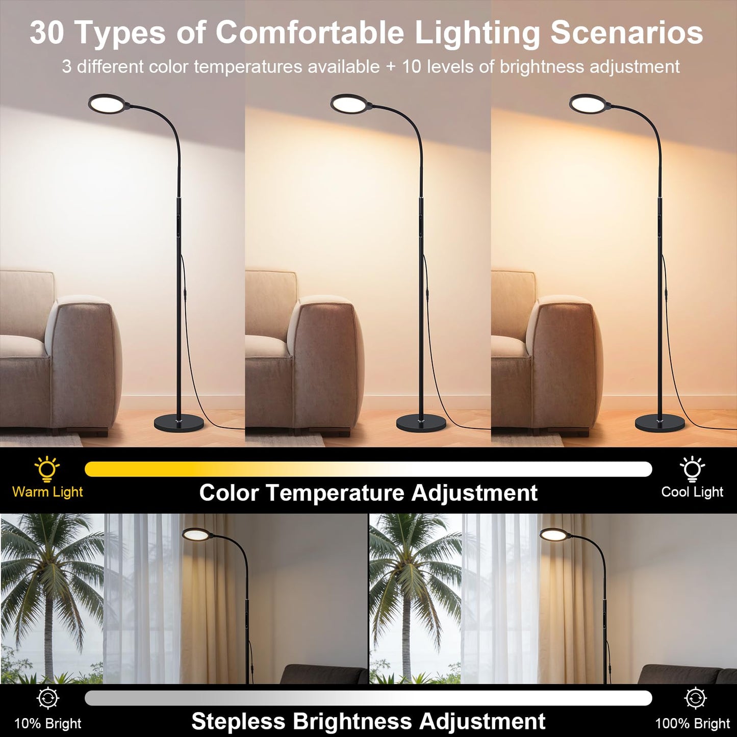 Bright LED Eye-Friendly Floor Lamp with Remote and Touch Dimmer & Adjustable Color Temperature, Smart Gooseneck Standing Light for Living Room,Kids Bedroom, Home Office Desk,Library Study Reading