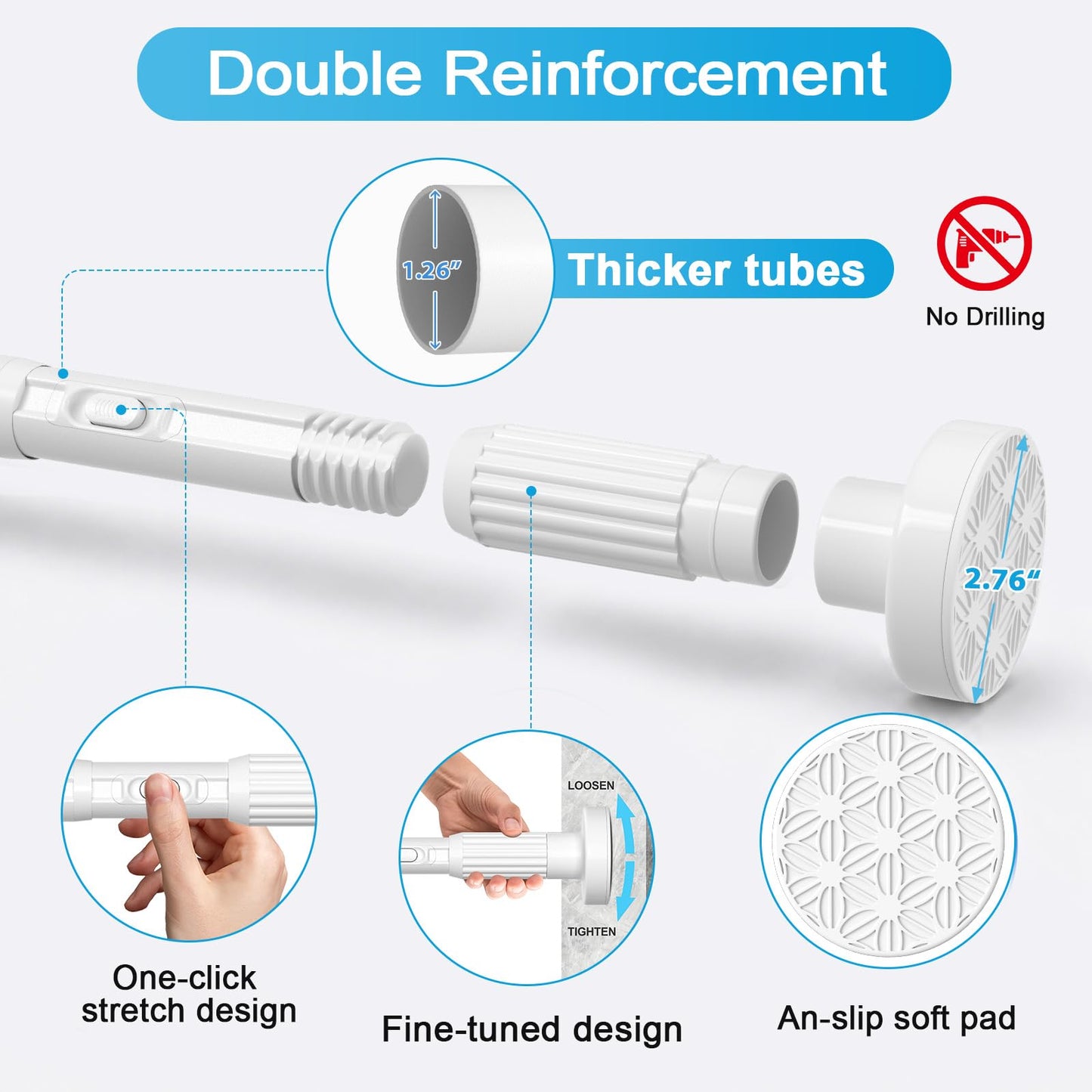 QINGYUN Extra Long No-Drill Tension Curtain Rod 40-166 Inches (4-14Ft), Heavy Duty Adjustable Rod for Outdoor Patio Curtains, Large Windows, Room Divider & Bathroom, White