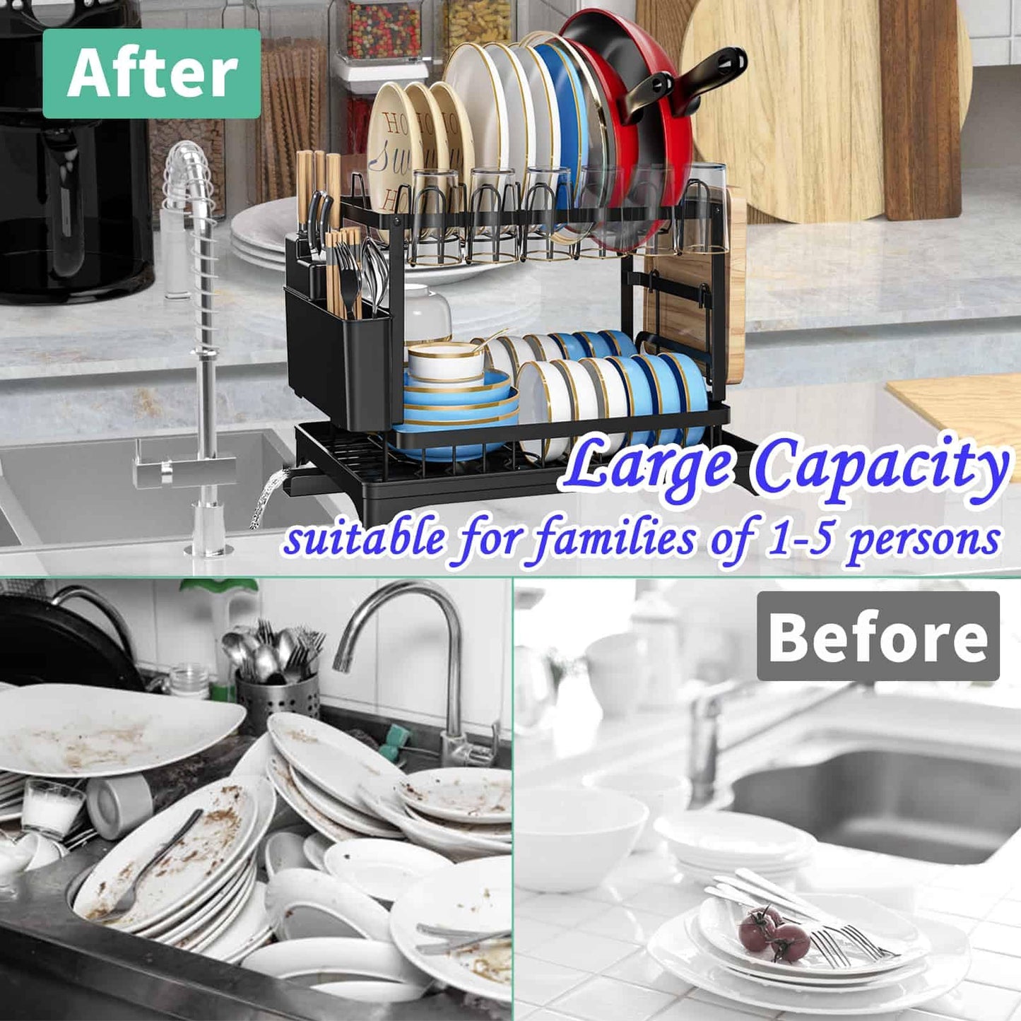XLMYS Dish Drying Rack, 2 Tier Large Dish Drying Rack for Kitchen Counter with Drainboard Stainless Steel Dish Drainer for Dish/Knifes/Cup/Cutting Board, Black