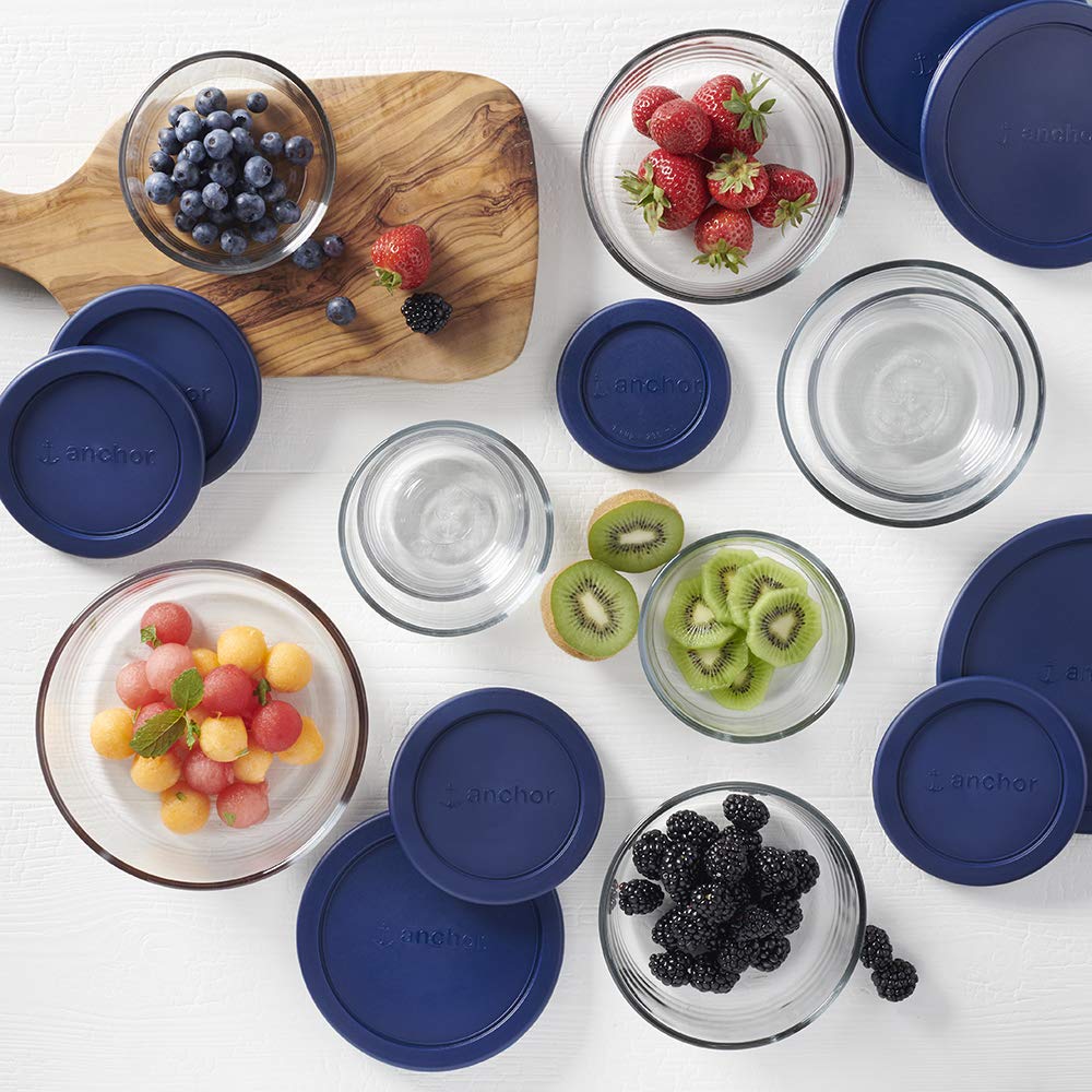Anchor Hocking 18 Piece Glass Storage Containers with Lids (9 Glass Food Storage Containers & 9 Navy Blue SnugFit Lids)