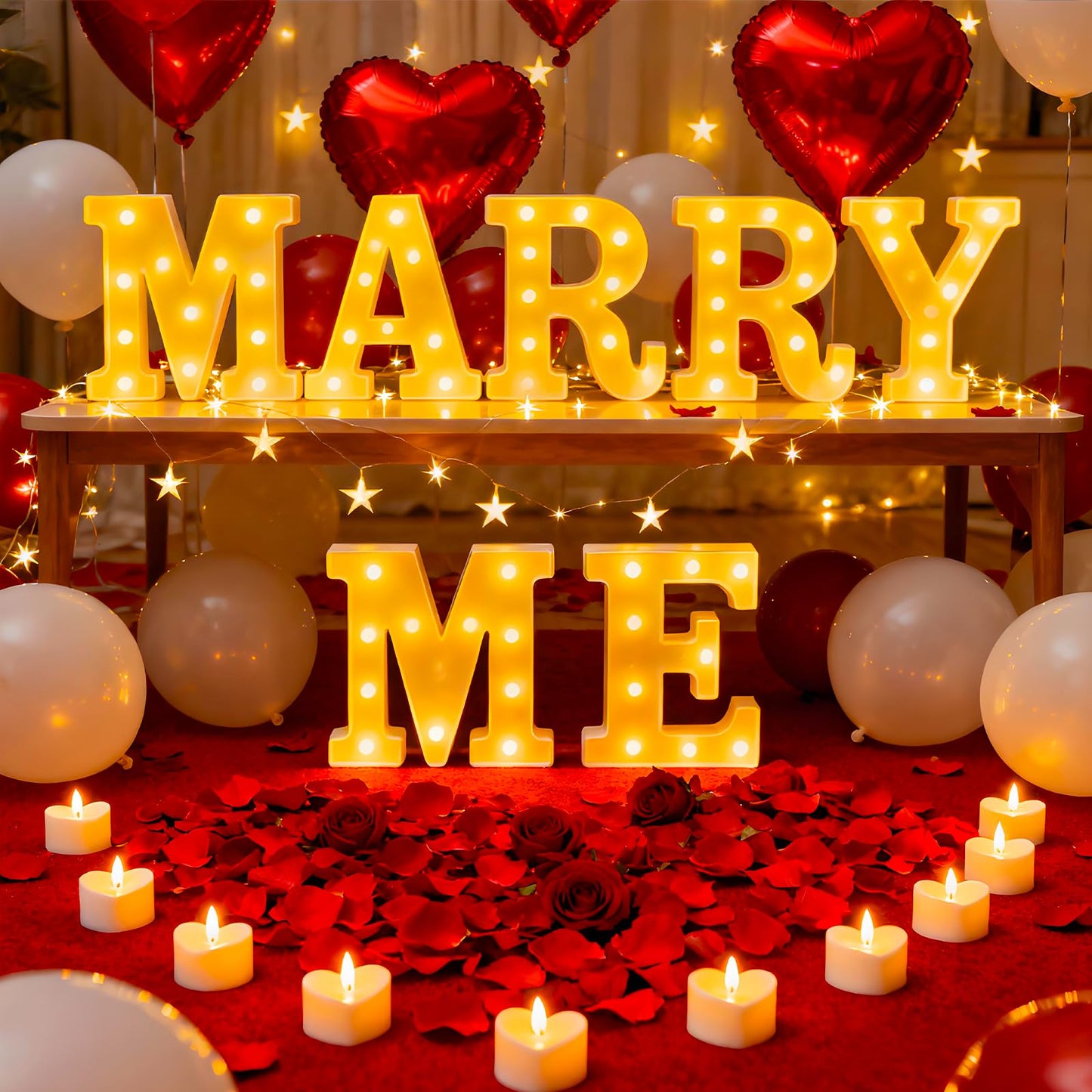 Marry Me Light Up Letters, with 30 Tea Lights Candles, Rose Petals, Aluminum Balloons, Balloons, Red Carpet, Rose Ring Box, Double Sided Tape, Valentine's Day Proposal Engagement Wedding Decorations