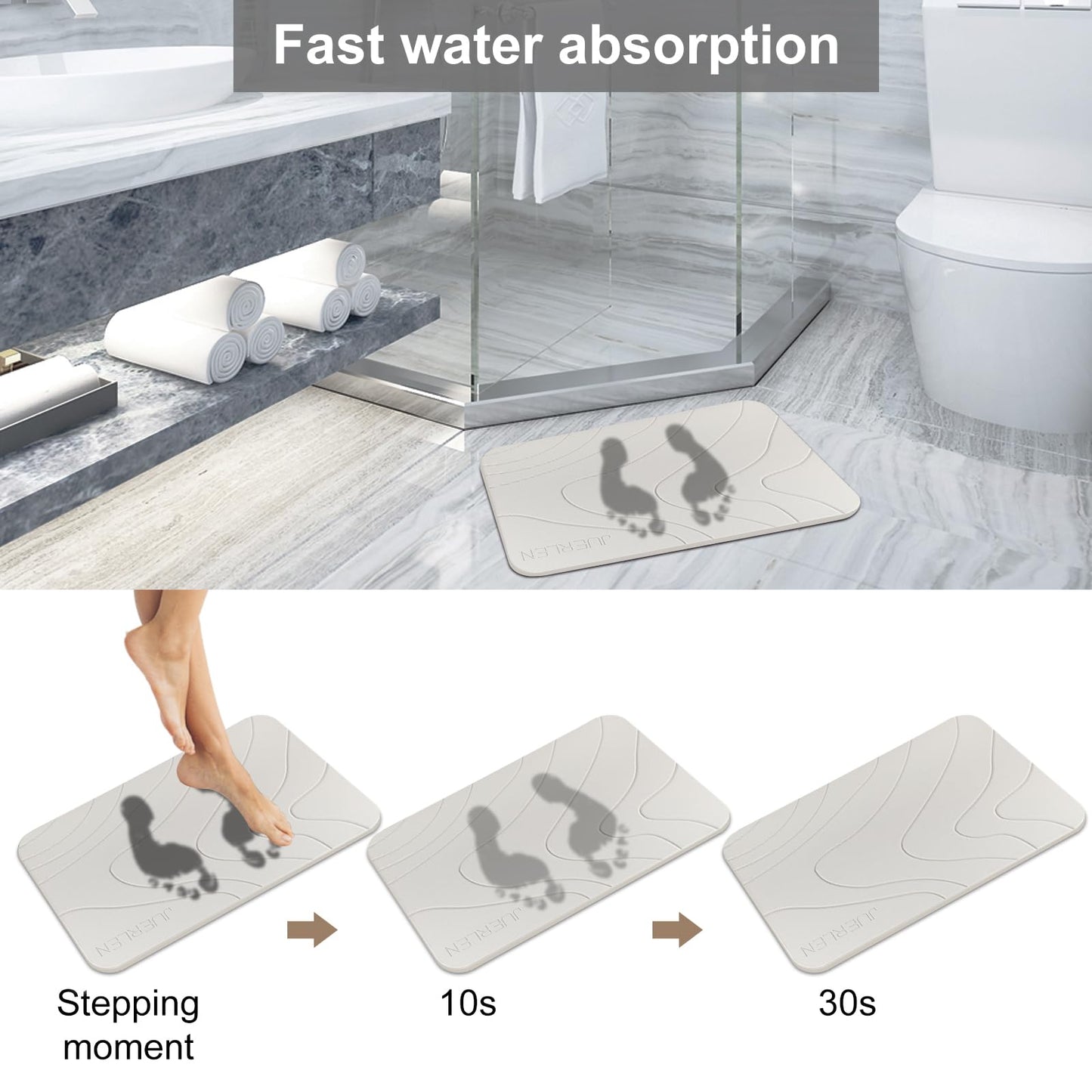 JUERLEN 2 Pack Diatomaceous Earth Shower Mat, Stone Bath Mat, Nonslip Super Absorbent Fast-Drying Hard Bath Mat for Bathroom Shower Floor, 24 x 16 inch, Pallid Wave Design