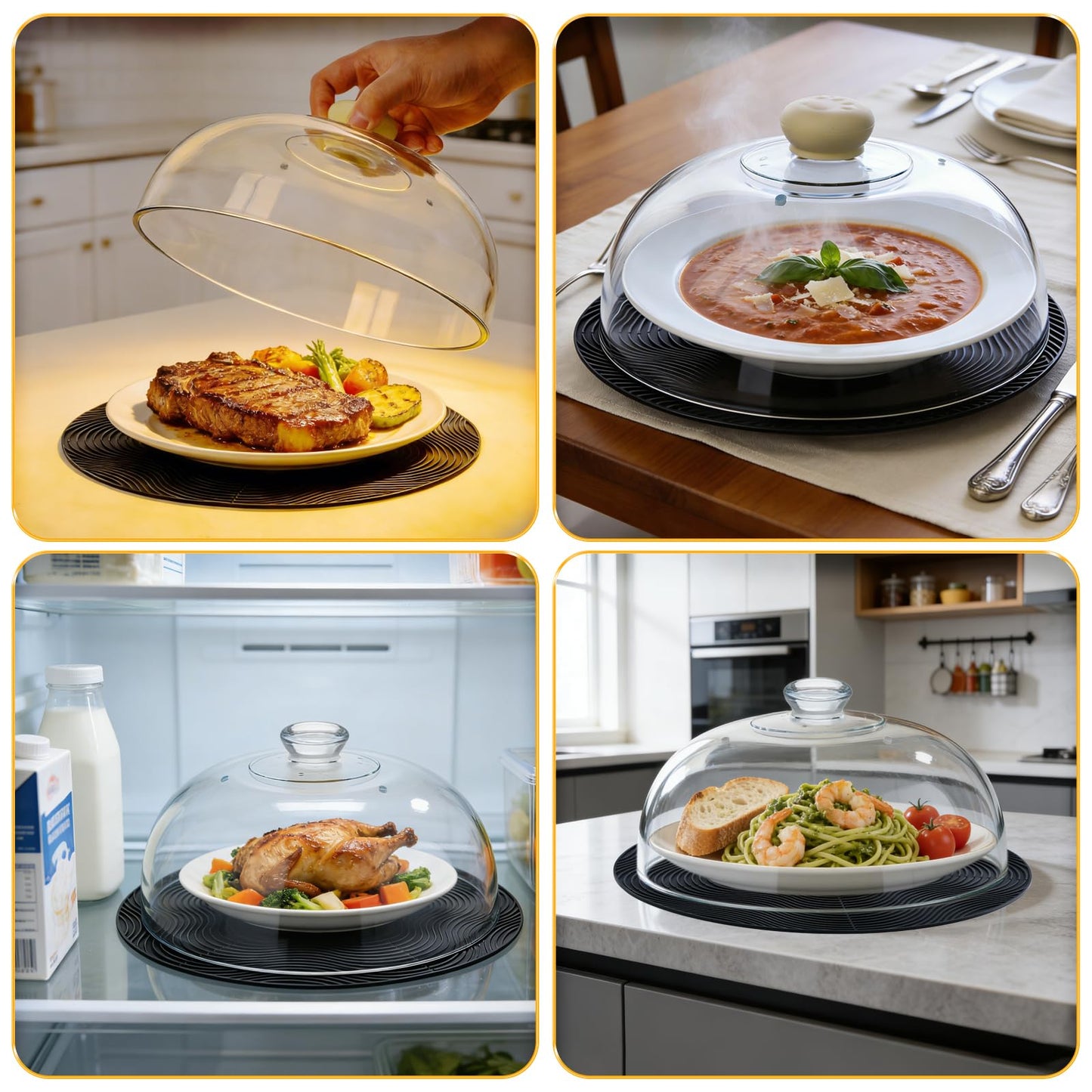 WENWELL Glass Microwave Splatter Cover with Silicone Mat, 10Inch Plate Splatter Food Lid with Integrated Grip Handle and Vent Hole, BPA Free, Dishwasher Safe