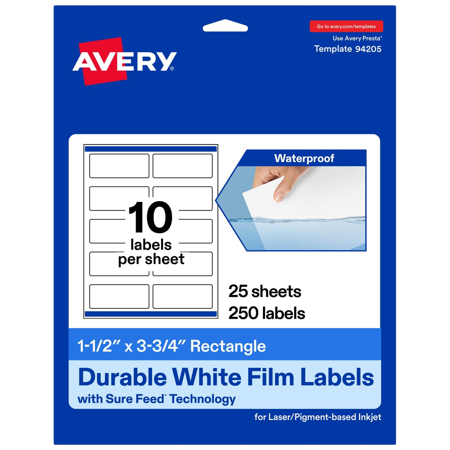 Avery Printable Durable White Rectangle Labels, Sure Feed Technology, 1.5" x 3.75", Print-to-the-Edge, Waterproof Labels, Laser & Pigment-Based Inkjet Compatible, 250 Total