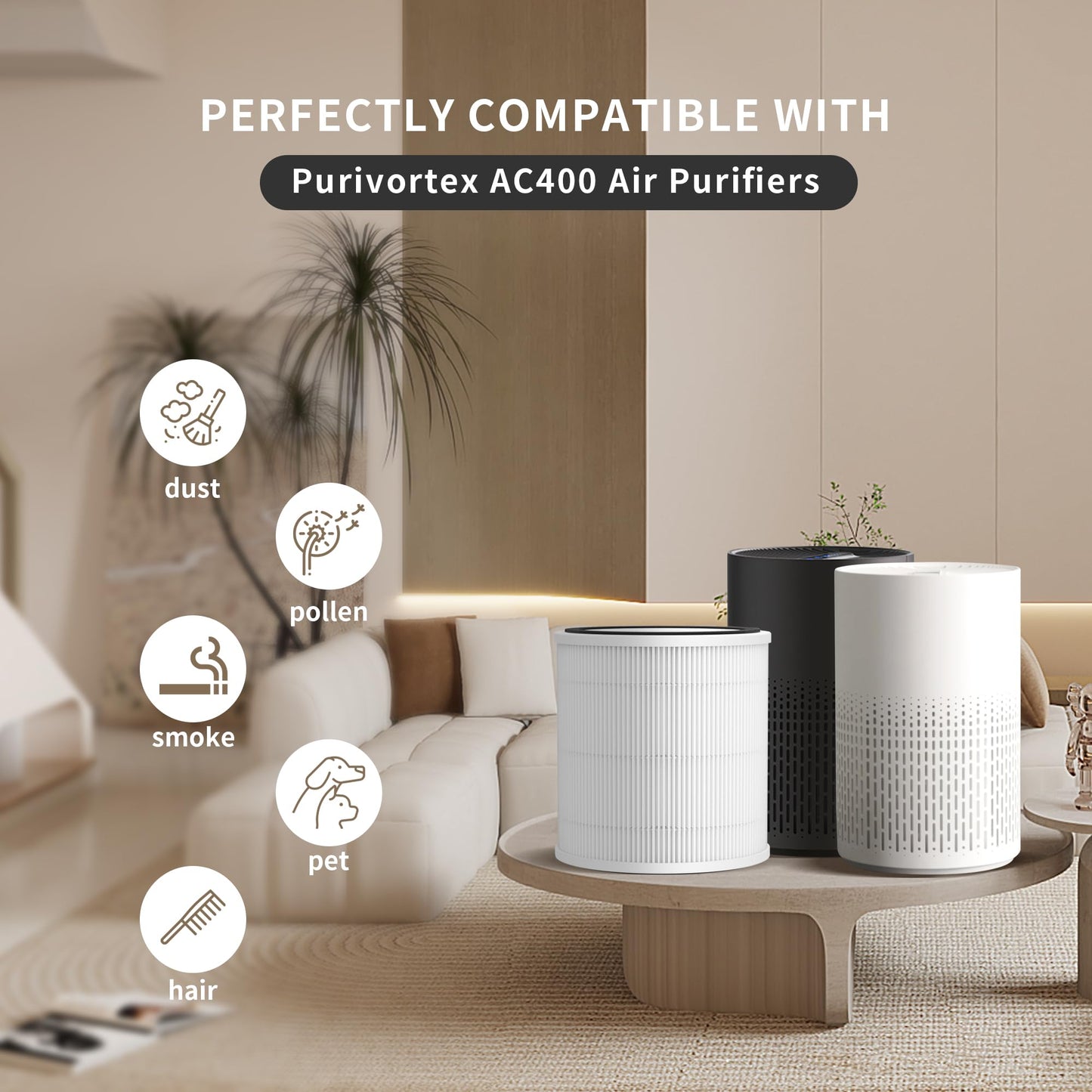 Breabetter AC400 Replacement Filter Compatible with Purivortex AC400 Purifiers, 3-in-1 Filter（4-Pack）-White