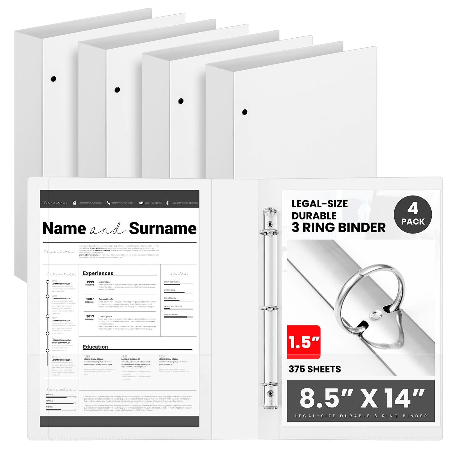 Henoyso 4 Pcs Legal Size Binder 3 Ring 1.5" Durable White Binders for 8.5" x 14" Paper Hold up to 175 Sheets for Documents Artwork, Office, Home, Work Places