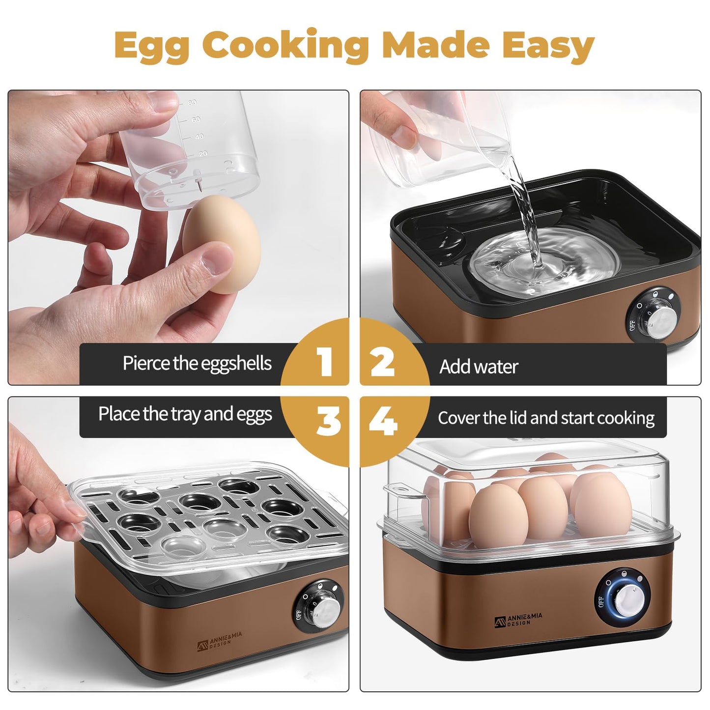 Annie & Mia Design Stainless Steel Electric Rapid Egg Cooker, 8 Egg Capacity 500W, Soft/Medium/Hard Boiled Egg Boiler Poacher Steamer Omelet Maker, Knob Auto Shut-Off, with Recipe Guide Book (Gold)