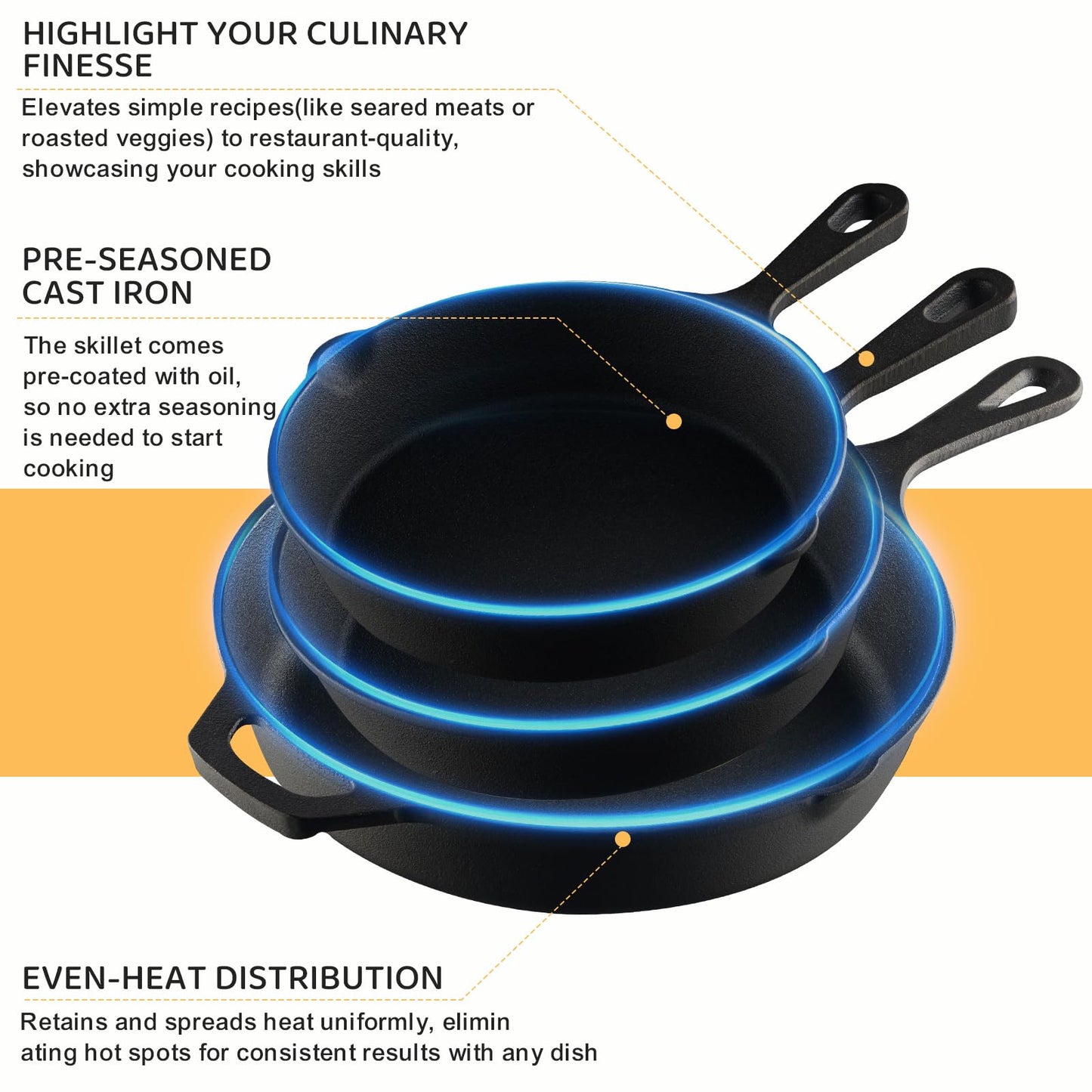 EWFEN Cast Iron Skillet 3-Piece Set, Heavy-Duty Professional Restaurant Chef Quality Pre-Seasoned Pan Cookware Set, 6", 8", 10" Pans For Frying, Saute, Cooking, Use Indoor/Outdoor, Oven, Grill