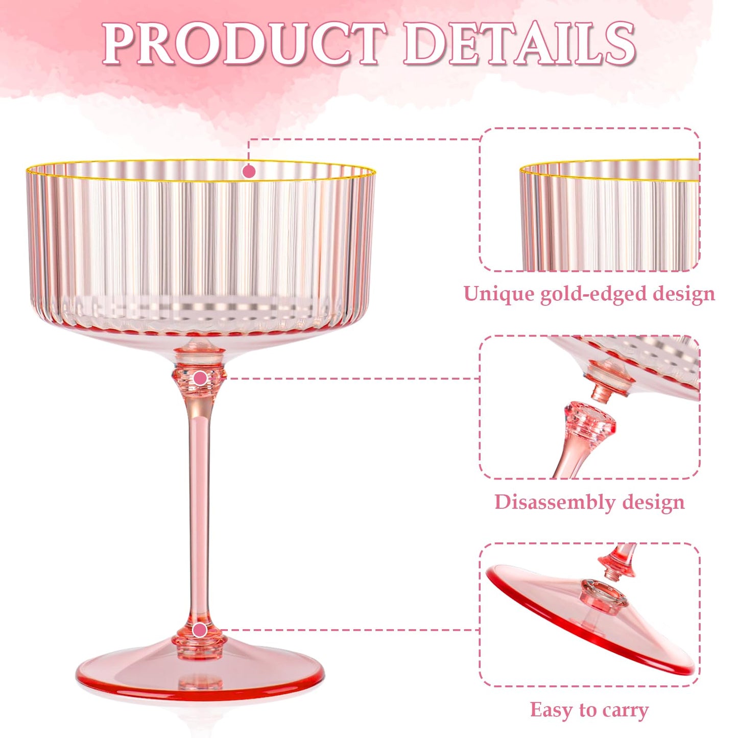 HKSZEH 24 PCS Ribbed Coupe Glasses Pink Plastic Champagne Coupe Cup 10oz Detachable Gold Rim Espresso Martini Glass Vintage Margarita Glassware Cocktail Glass for Wedding Bachelorette Party