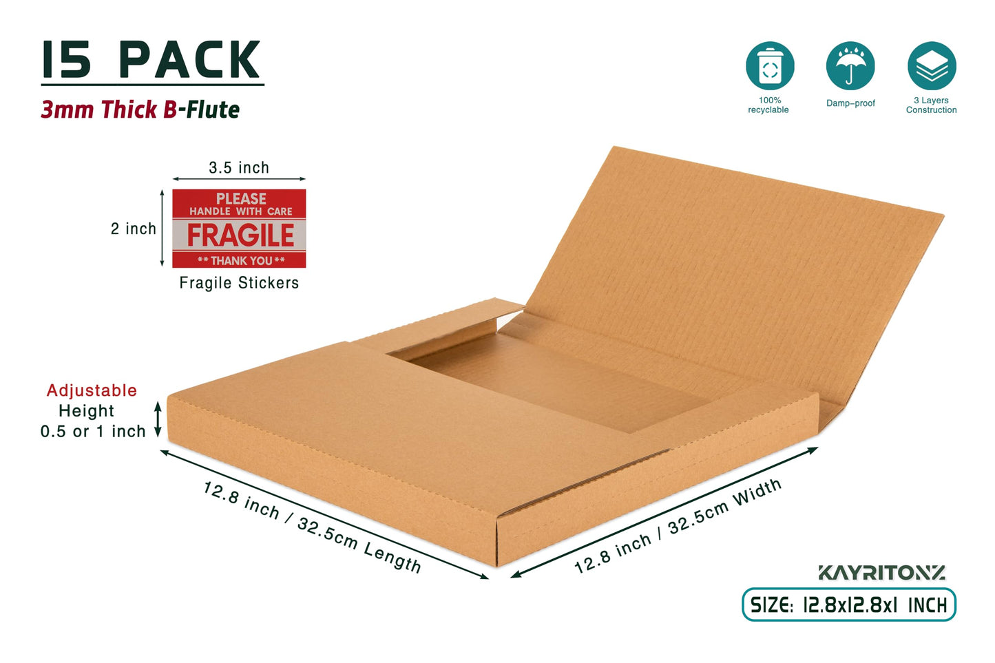 Kayritonz Vinyl Record Mailers, 12.8x12.8x1 inch, Kraft Corrugated Cardboard LP Shipping Boxes for Mailing Packaging Moving Storage, with Fragile Stickers, Brown, 15 Pack