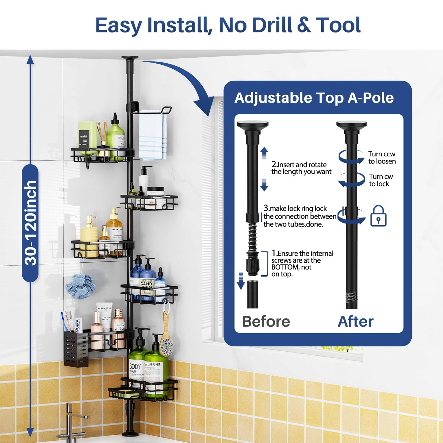 Corner Shower Caddy Organizer Tension Pole, Adjustable 6 Shower Shelves Corner Shelf 30-120Inch Rustproof Shower Rack for Inside Shower, Extra Towel Bar Soap Dish Bathroom Organizers and Storage Black