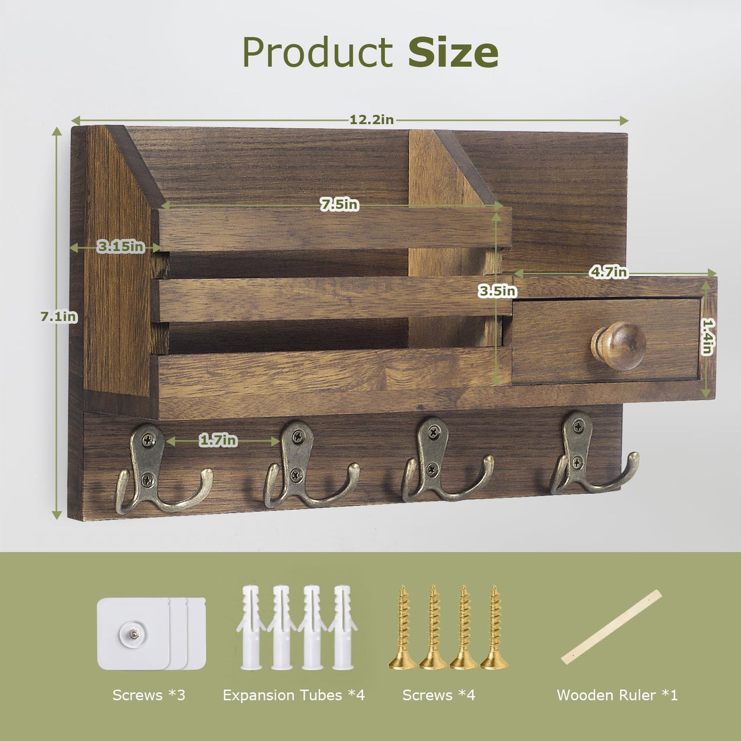 HOMEBROS Key Holder Wall Mount, Wooden Adhesive Mail and Key Organizer with Drawer, Small Shelf, 8 Hooks, 2 Installation Methods, Brown