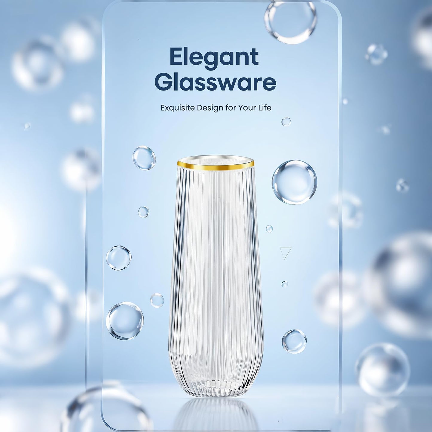 Lueumxc 48 Pack Plastic Champagne Flutes, 9 Oz Ribbed Stemless Disposable Gold Rim Plastic Toasting Glasses Shatterproof Recyclable and BPA-Free Perfect For Wedding