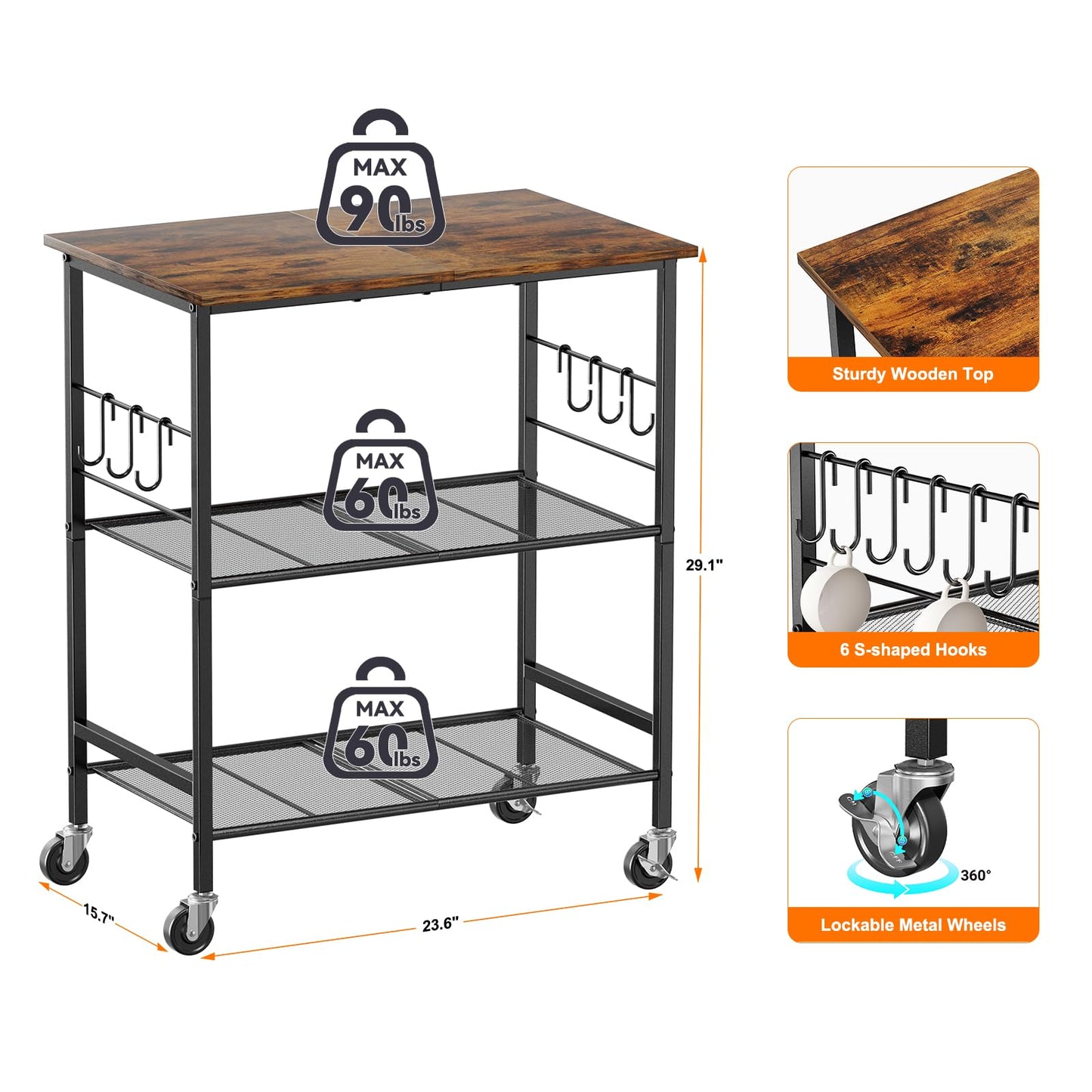 NTE Rolling Kitchen Microwave Cart, 3 Tier Microwave Stand with Storage, Small Kitchen Island on Wheels, Kitchen Storage Cart with 6 Hooks for Kitchen, Coffee Bar, Living Room, Balcony