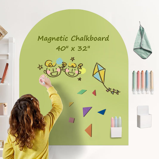 Magnetic Chalkboard Wall Decal 40"x32" - Premium Adhesive, Includes Chalk Holder & 6 Dust-Free Chalks, Peel and Stick Whiteboard for Playroom, Office, Bedroom, Exclusive Green