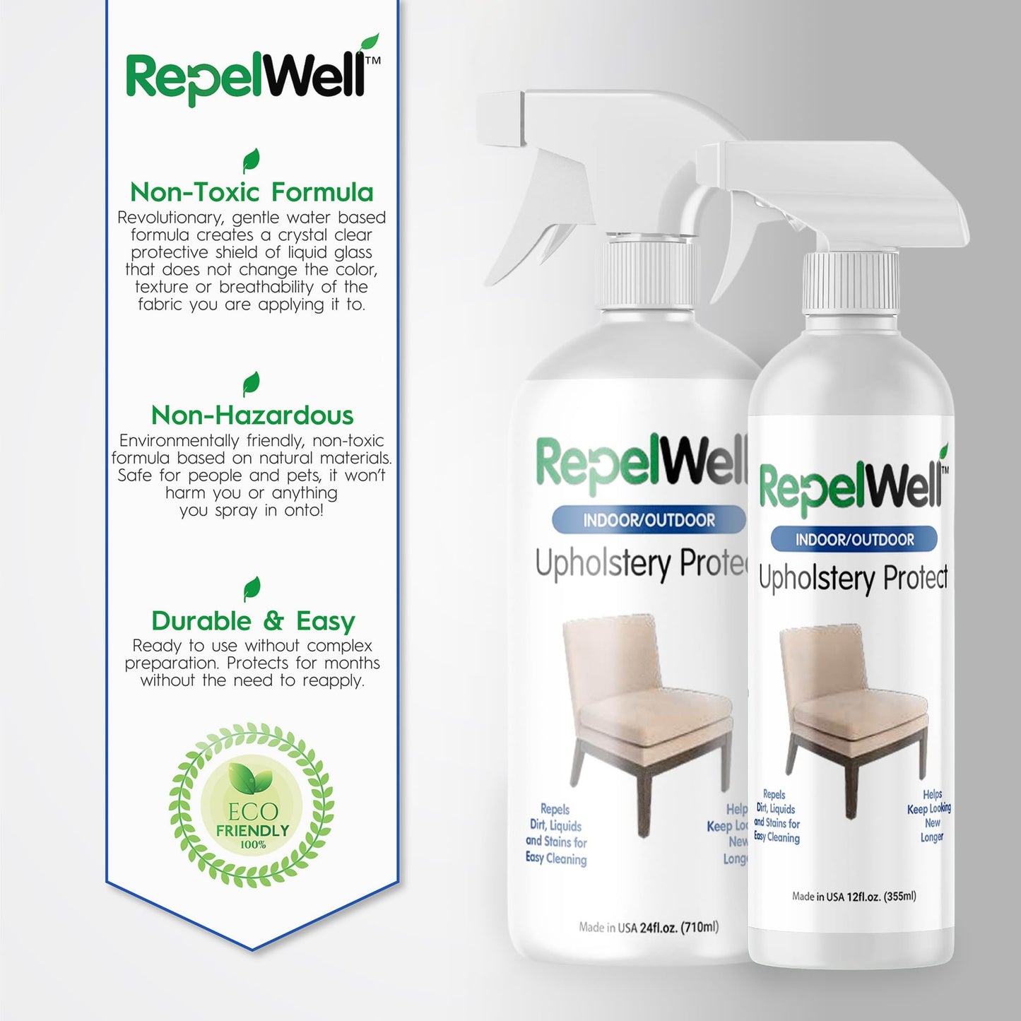 Eco-Friendly Upholstery Protect Stain & Water Repellent Spray 24oz – Non-Toxic, Pet-Safe Formula for Fabric, Leather, & Suede – Long-Lasting Stain Guard Keeps Furniture Clean & New