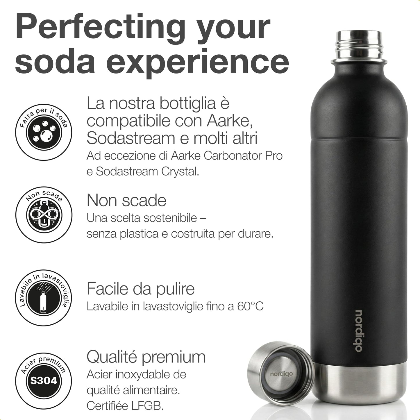 Nordiqo Stainless Steel Carbonating Bottle 33 oz | Compatible with Aarke Carbonator 3, SodaStream Duo & Plastic Bottles | Not for models Aqua Fizz & Jet | No Expiry | Plastic-Free