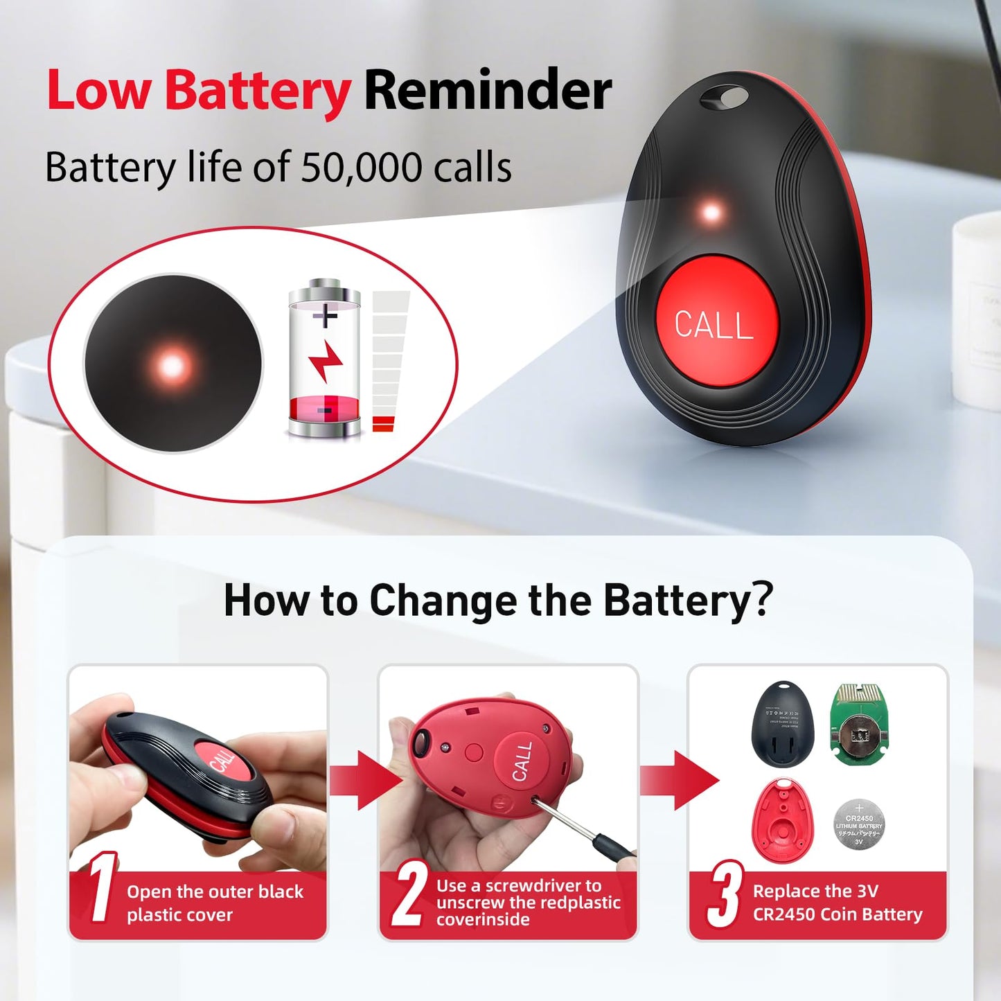 CallToU Wireless Call Button Caregiver Pager Nurse Call System for Elderly /Patients at Home /Hospital with Voice Announcements and LED Number Display (6 Waterproof Call Button & 1 Receiver)