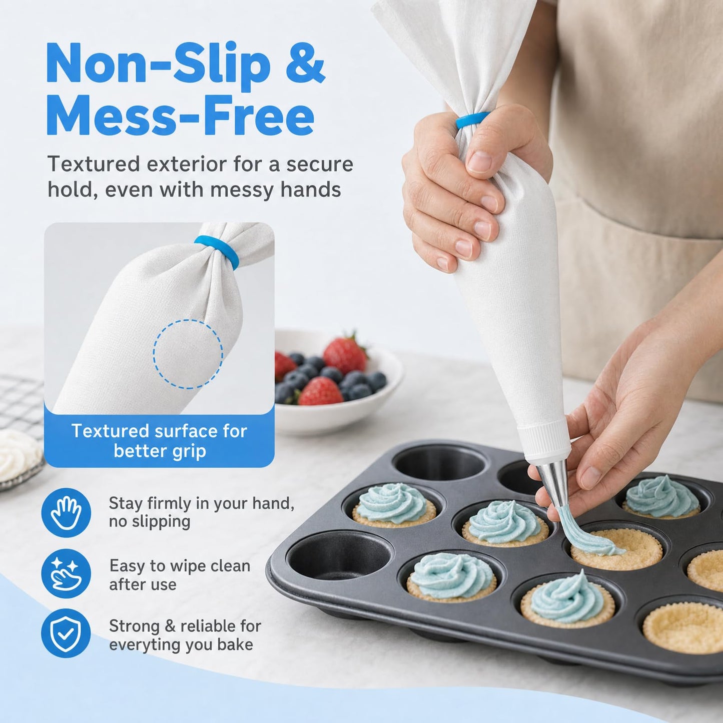 Reusable Piping Bags and Tips Set – 16" Pastry Bags for Cake Decorating, Cupcakes & Cookies with Frosting Tips – Leak-Proof Cotton Icing Bags, Eco-Friendly Baking Kit for Home Bakers & Beginners