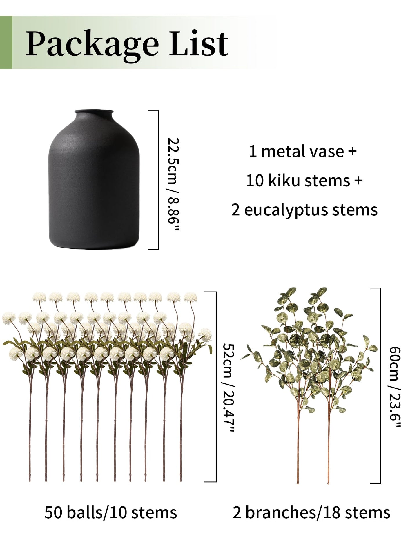 BLOSMON Fake Flowers in Vase for Centerpieces: Metal Vase with 12 Stems of Artificial Mums Kiku Flowers Eucalyptuses Dining Table Decor - White Faux Silk Pom Poms Floral Arrangements for Home Indoor
