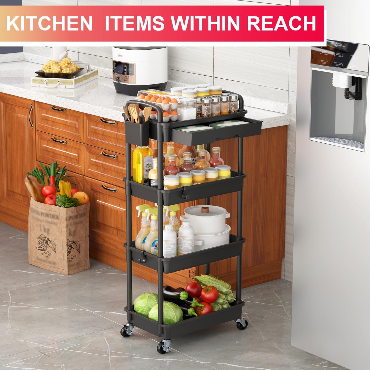 Goovilla 4 Tier Rolling Utility Cart Organizer with Removable Drawer, Stable and Sturdy Black Rolling Storage Carts with 2 Lockable Wheels for Bathroom, Kitchen, Snack, Craft, Makeup, Baby Essentials