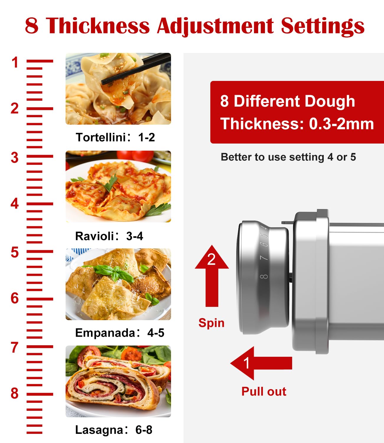 Pasta Roller Attachment for KitchenAid Stand Mixer, Stainless Steel Pasta Maker for Pasta, Ravioli, Noodle Dough Sheet Roller with 8 Adjustable Thickness Knob