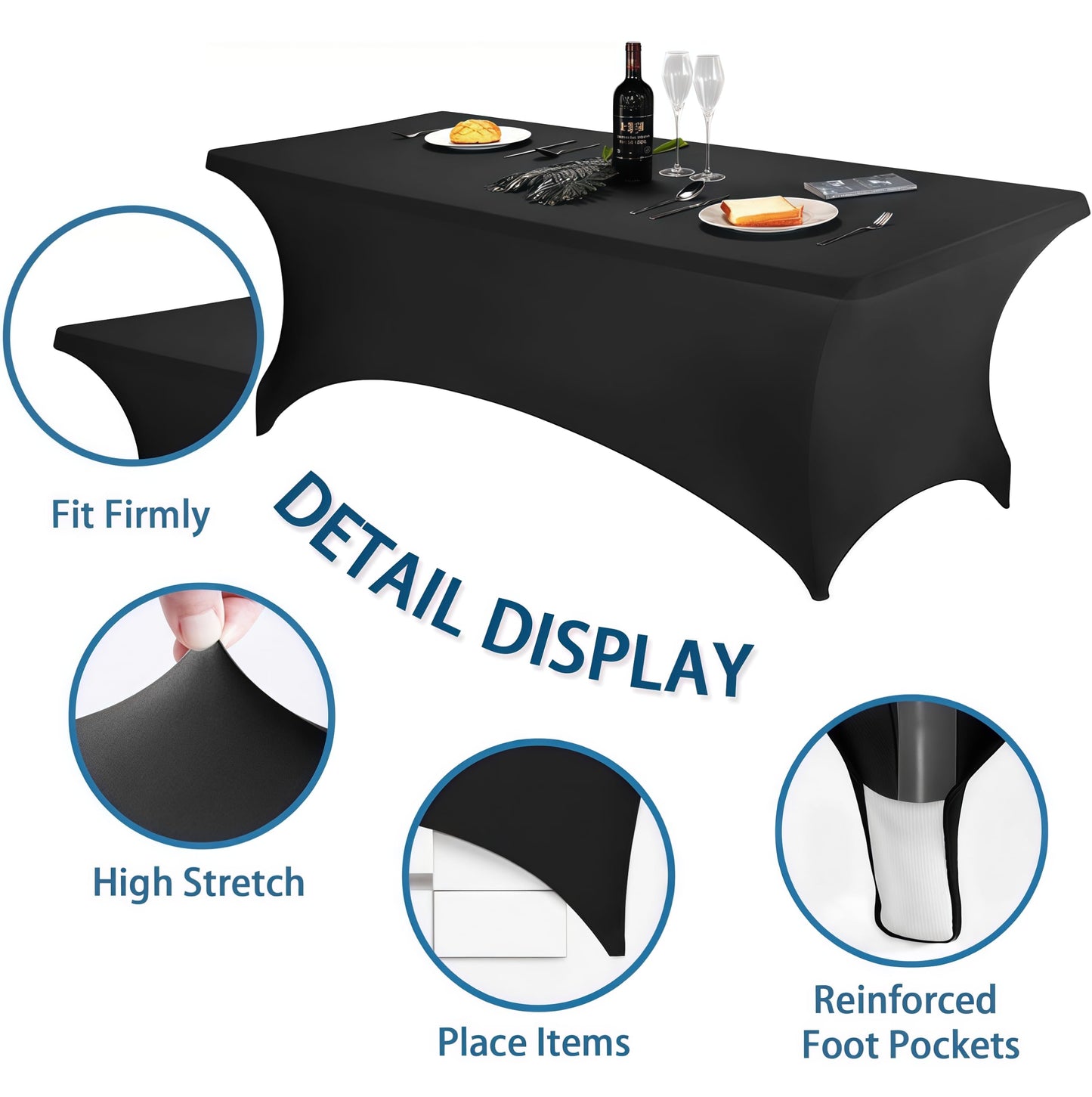 Lemict 6FT Black Table Cloth - 8 Pack Fitted Stretch Rectangle Spandex Tablecloth, Washable Table Cover for Party, Picnic, Wedding, Banquet, Birthday and Festival(30" x 72")