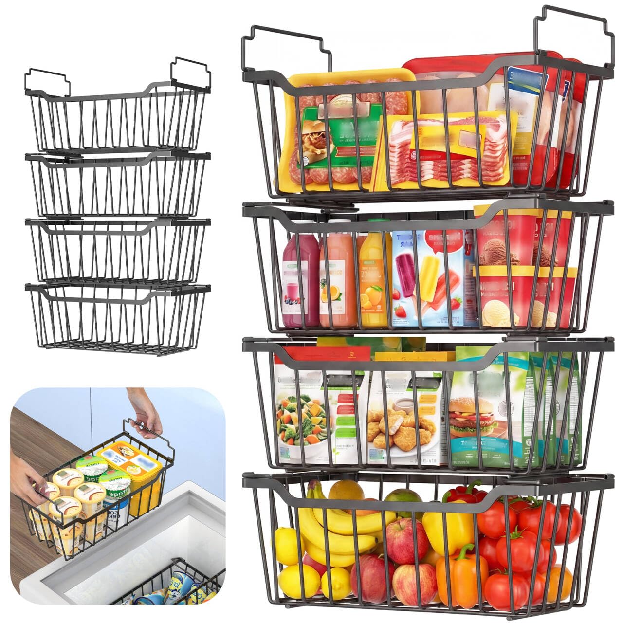 Goovilla Freezer Organizer Bins with Foldable Handle, 8 Pack Stackable Freezer Baskets for 3.5-7 Cu.FT Deep Chest Freezer Organization, Coated Metal Freezer Storage Bins with Better Space Utilization