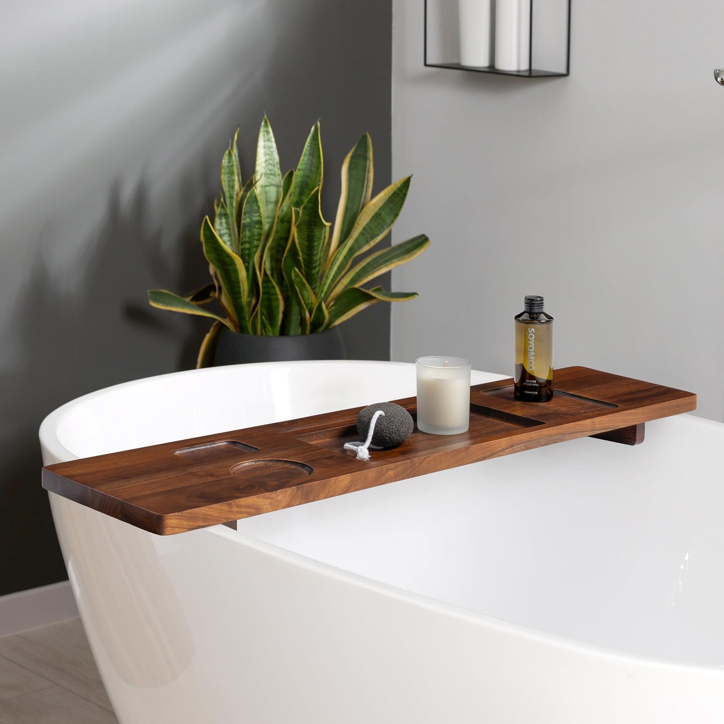 Realgulf Teak Bathtub Tray for Freestanding Tubs - 35" Heavy-Duty Luxury Bath Caddy, Non-Slip Zero-Wobble Design, Water-Resistant Spa Organizer with Wine Glass & Phone Holder