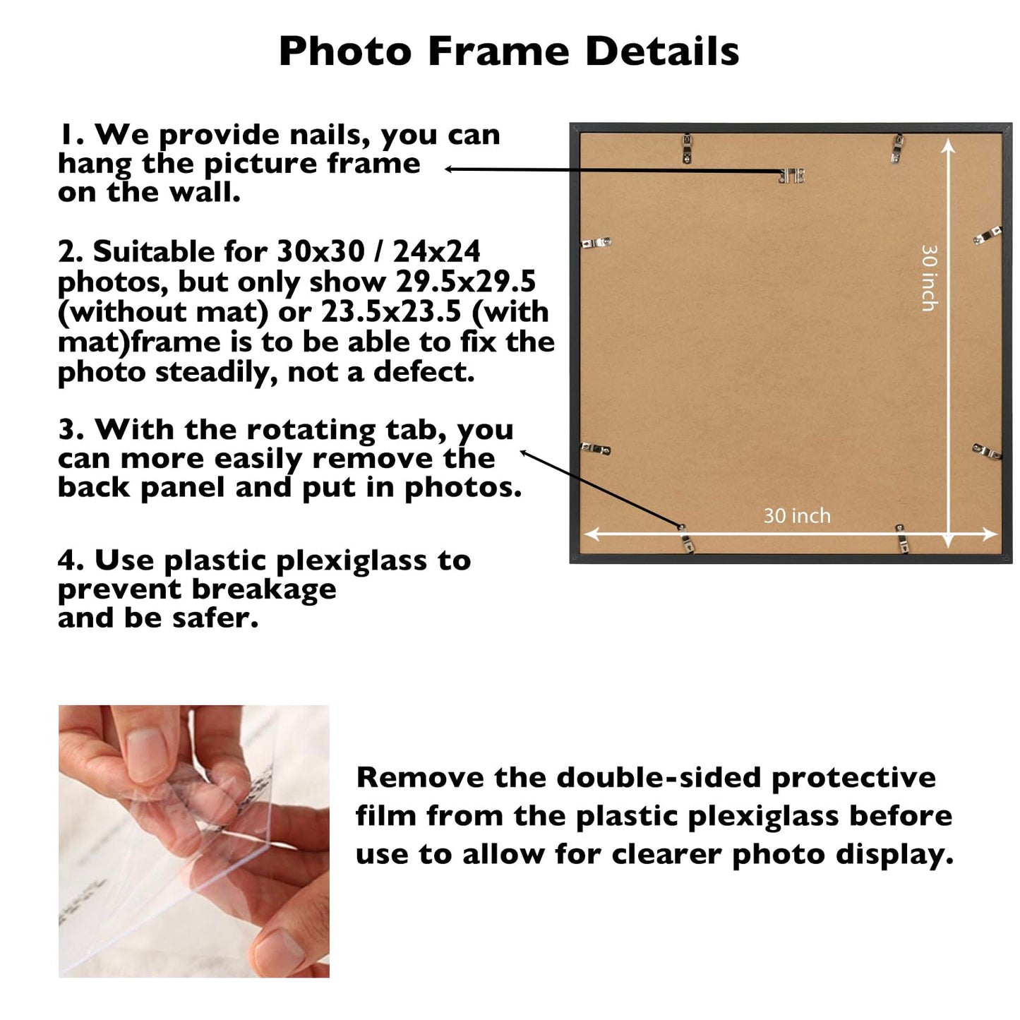 JCJMY 30x30 Picture Frame Black with 24x24 Mat, Display Photo 24x24 with Mat or 30 x 30 Without Mat, Wall Hanging Large 30x30 Poster Frame with Shatter Resistant Plexiglass, Black