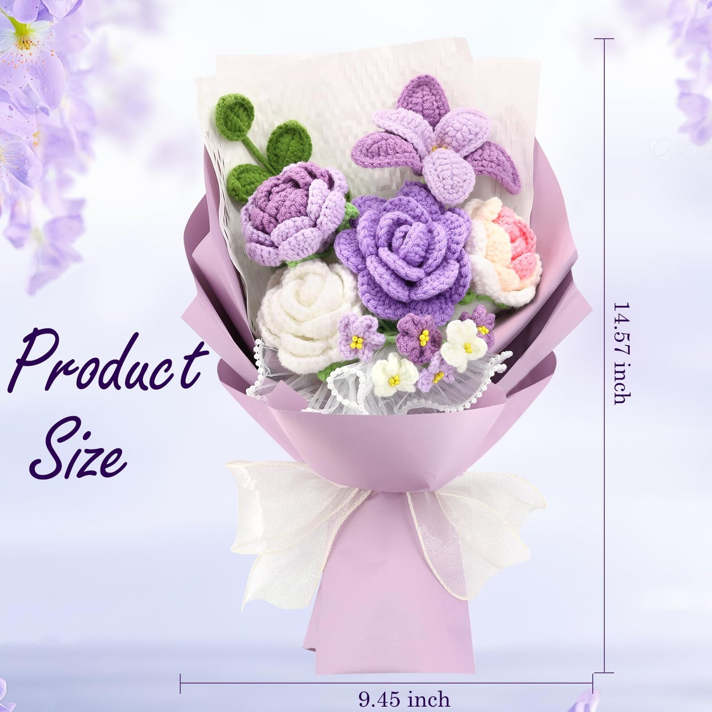FUCAN Crochet Flowers,Finished Bouquet Crocheted Cotton Thread Flowers, Handmade Crochet Rose Tulip Fern Leaf as a Gift for Lover, Friends. Artificial Flower (Purple)