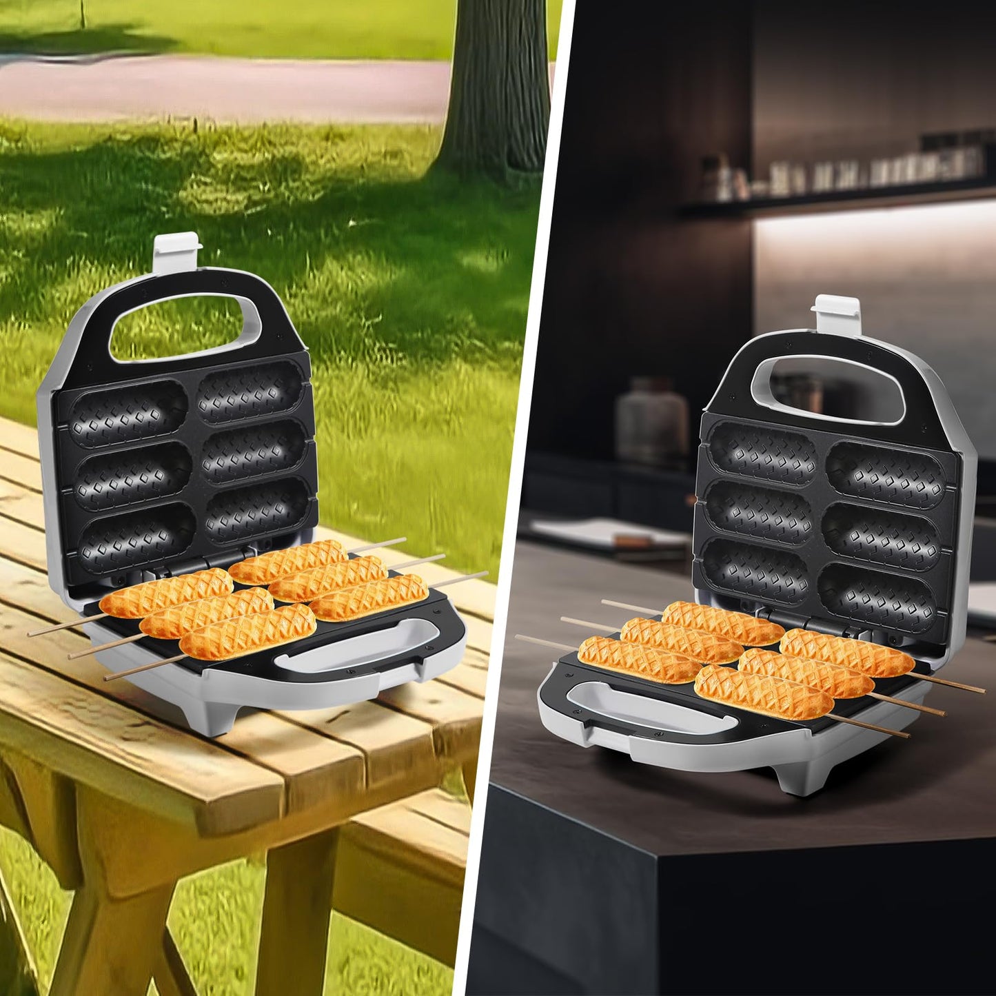 Corn Dog Waffle Maker, Hot Dog Waffle Machine with Non-stick Coating Plate, Hot Dog Maker Toaster Make 6 Corn Dogs, Corn Dog Waffle Machine Make Corn Dog in Minutes, Easy to Clean, White