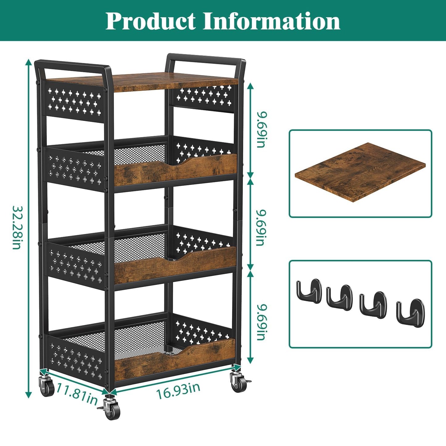 Giwil 4-Tier Rolling Storage Cart, Small Coffee Bar Crafts Makeup Cart with Wooden Top Snack Organizer for Pantry, Utility Kitchen Cart On Wheels for Onions Potatoes, Black