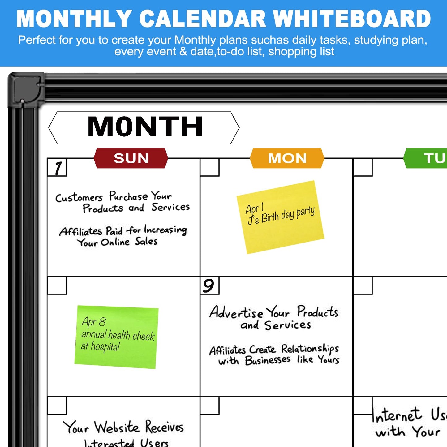 CALENBO Calendar Whiteboard for Wall 24" x 18", Monthly White Board Calendar Dry Erase with Black Aluminum Frame, Dry Erase Board for Office Home and School