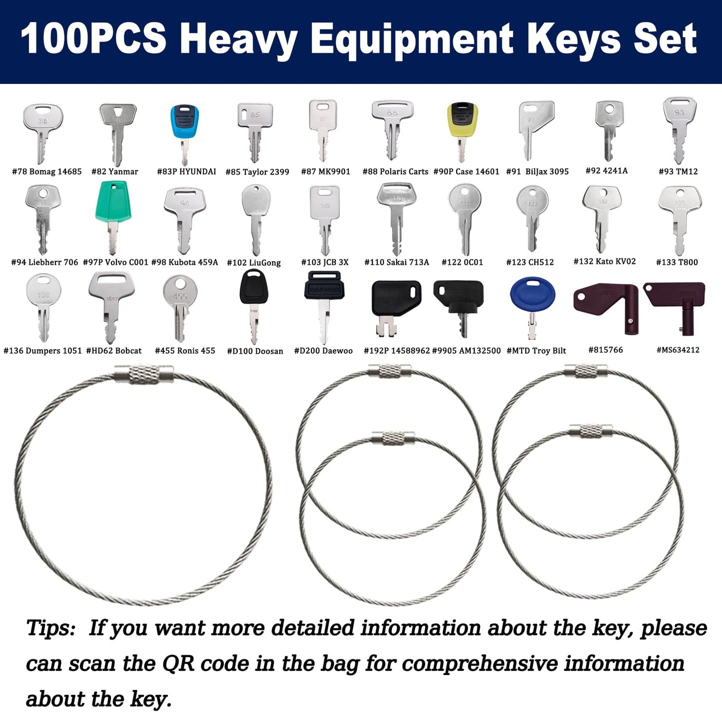 100 Non-Repeating Master Equipment Key Set,Original Heavy Construction Excavatoer Dumper Dozer Ignition Key for CAT John Deere JCB Yanmar Takeuchi Komatsu Volvo Toyota and More