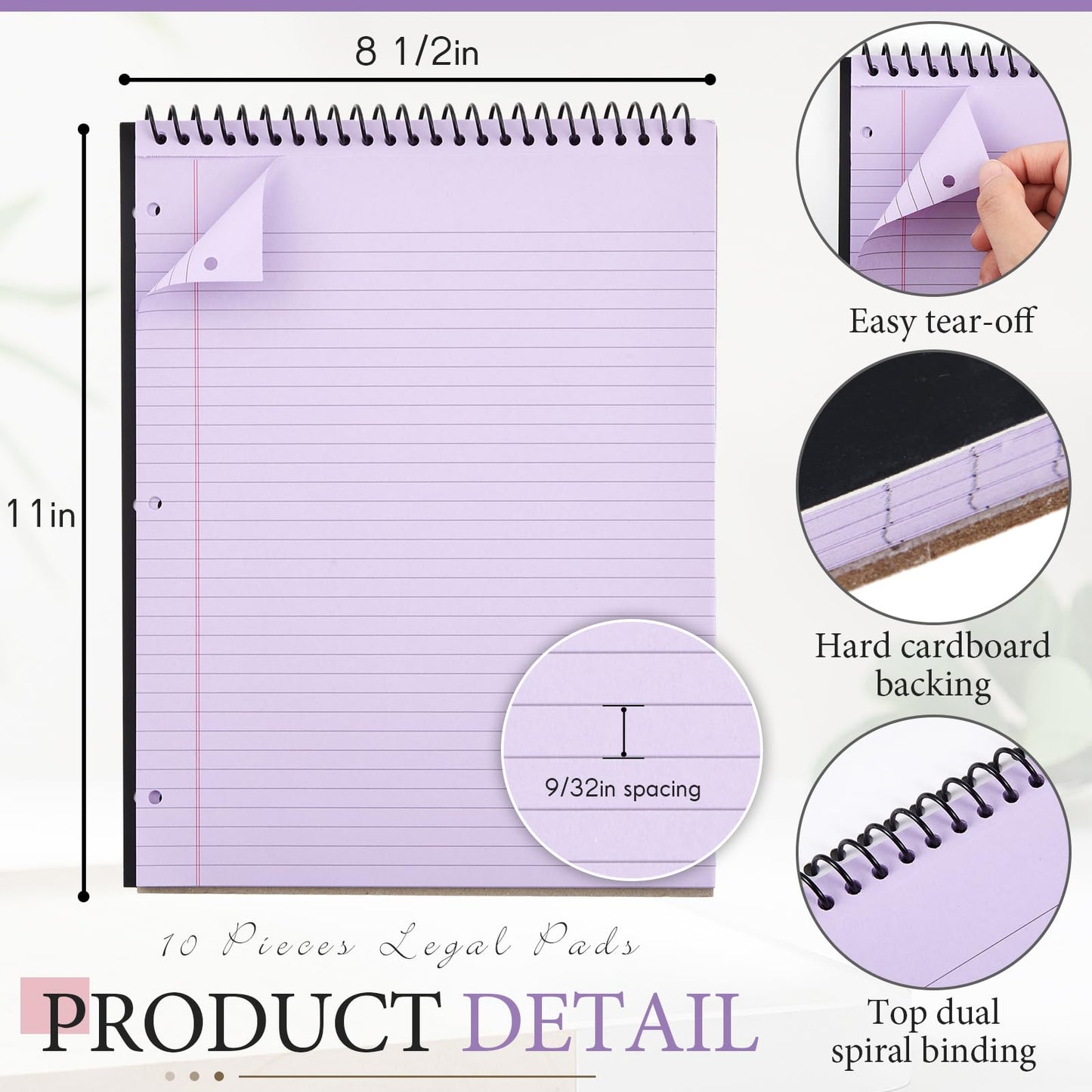 MotiMind 10 Pack 8.5" x 11" Top Spiral Notebook with 3 Hole Punched Multicolor Legal Pads College Ruled Notepad 50 Sheets Hard Cardboard Paper Wirebound Notepad for Office School Business