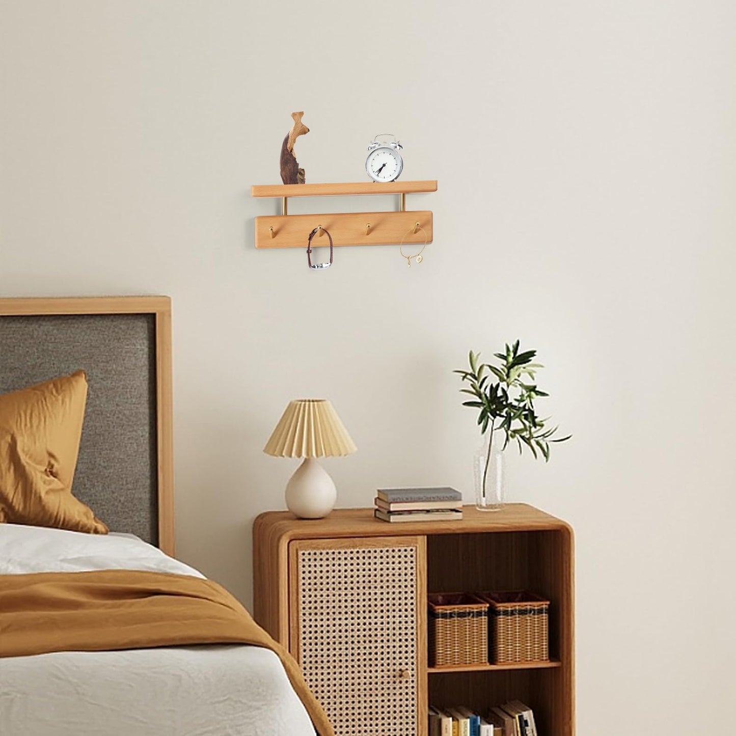 Mayhas Solid Wood Shelf with Hooks, 12 inch Coat Rack Wall Mount, Shelves with 4 Brass Hooks for Hanging in Entryway, Living Room, Bathroom, Bedroom, Kitchen(Beechwood)