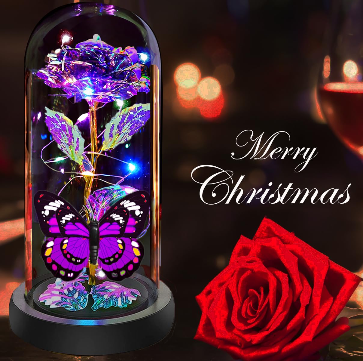 Fvawe Gifts for Women, Rose Glass Flowers Birthday Gifts for Women, Galaxy Crystal Light Up Rose Flowers in A Glass Dome with Butterfly, Mom Sister Wife Daughter Grandma Her Presents Purple
