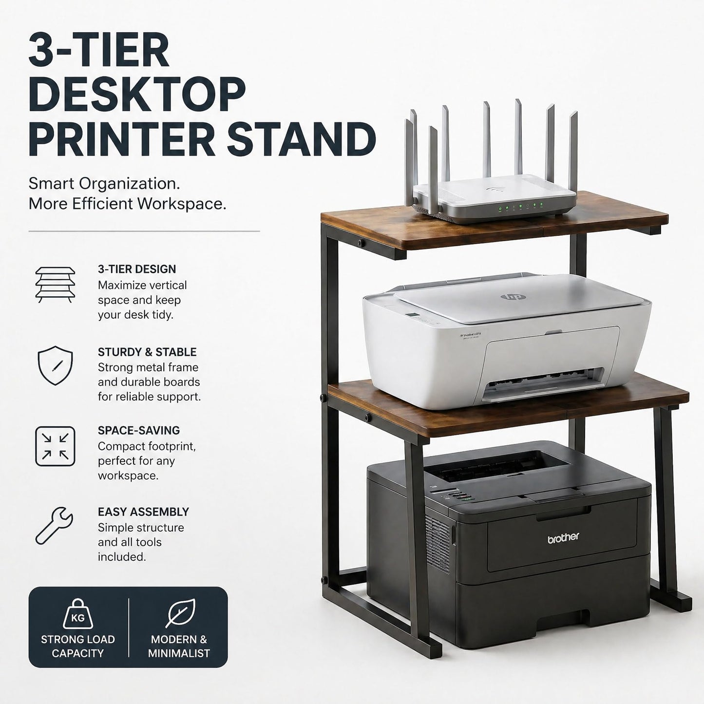 VonDream 3-Tier Desktop Printer Stand, Universal Size Printer Shelf Organizer with Wide Platform, Heavy-Duty Multi-Purpose Office Desk Shelves for Home Office Organization