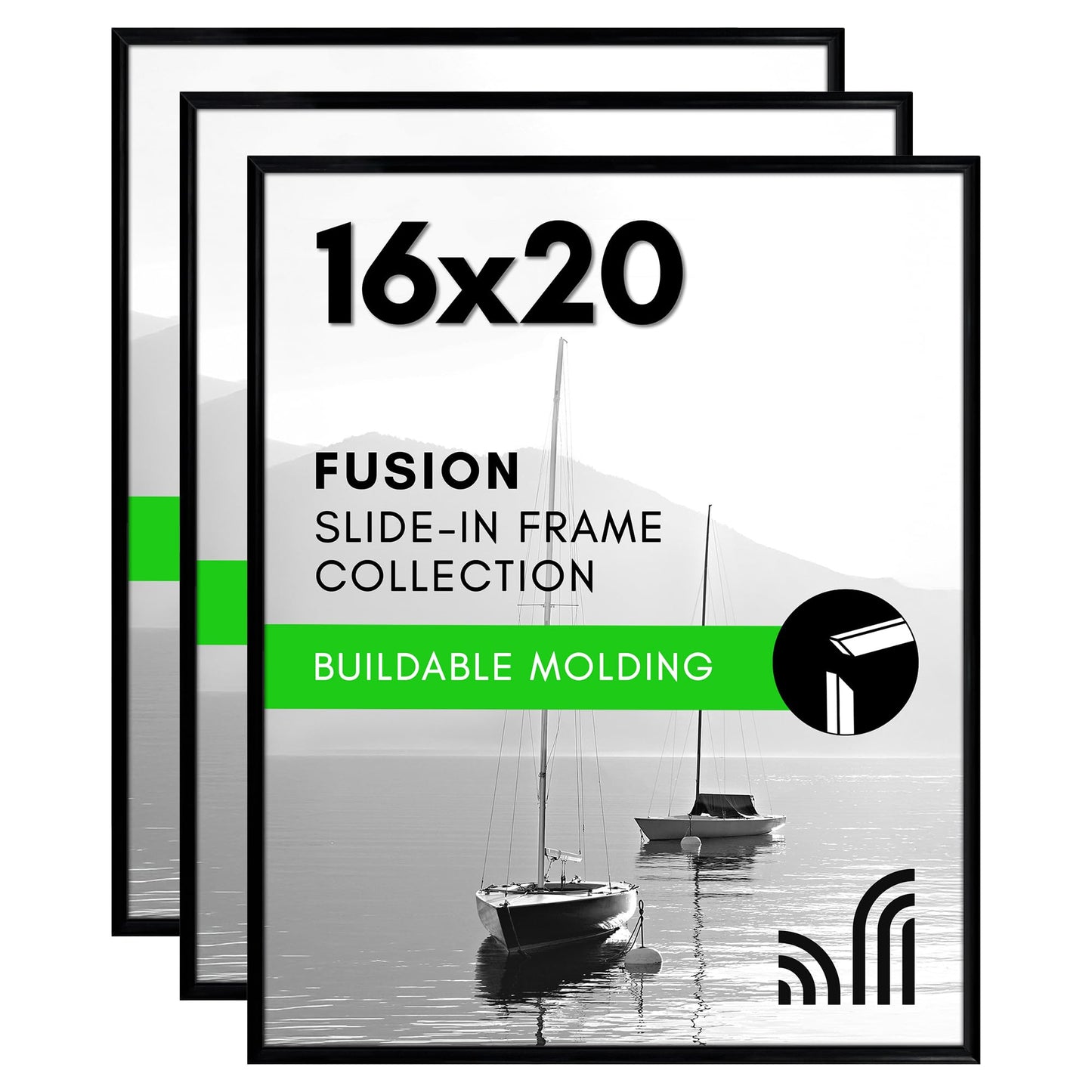 Americanflat 16x20 Picture Frame with Polished Front Cover - Set of 3 - Slide-In Photo Frame with Buildable Molding - Fusion Collection - Picture Frames for Wall Display - Black