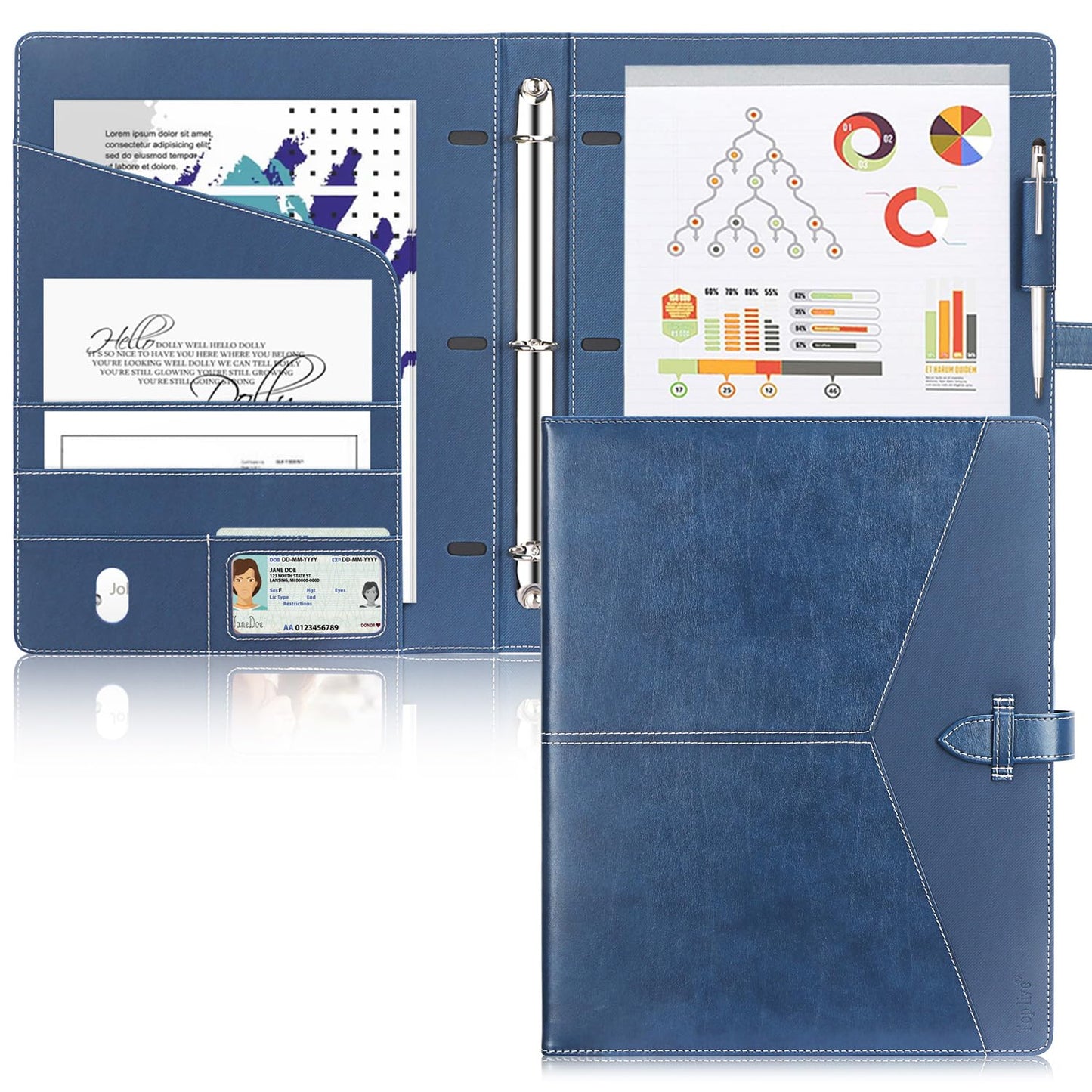 Toplive Padfolio 3 Ring Binder Organizer Business Portfolio Folder for Women, A4/ Letter Size PU Leather Portfolio Padfolio for Interview Conference Presentation, Blue