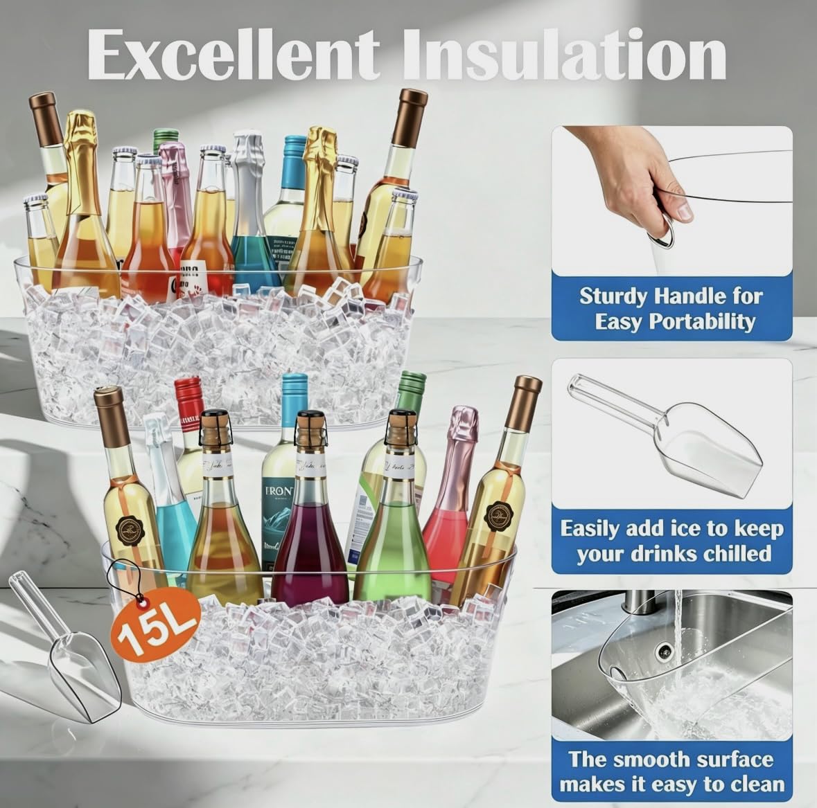 3 PCS Ice Buckets for Parties, 15L Large Ice Bucket, 4 Gallon Champagne Bucket with Scoops, Beverage Tub Mimosa Bar Supplies for Champagne, Beer, Cocktail