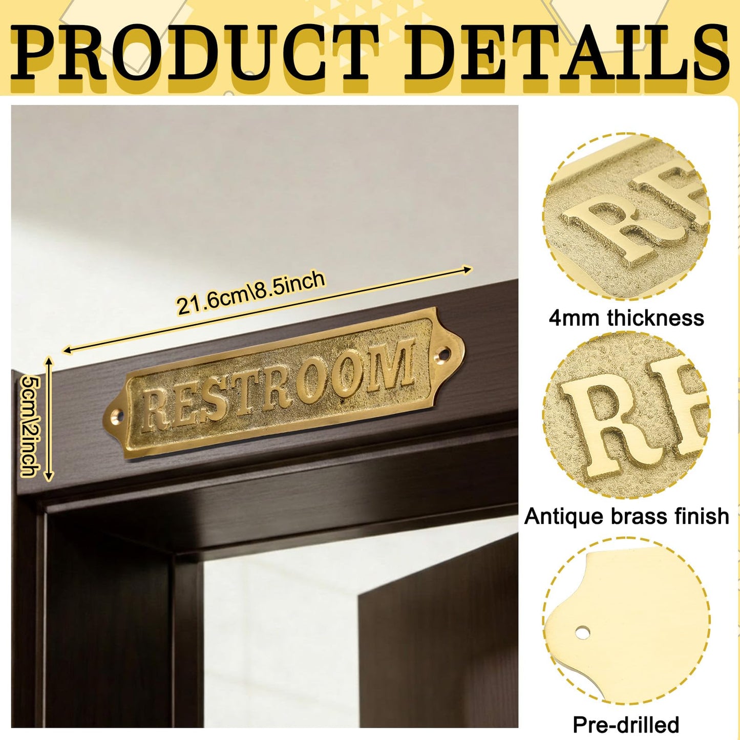 AceOrbit 8.5 x 2 Inch Restroom Sign Solid Brass Metal Door Sign with Mounting Hardware Antique Finish Easy DIY Installation Home Decor for Gents, Ladies, Office, Laundry, Restroom, Pull, Parking
