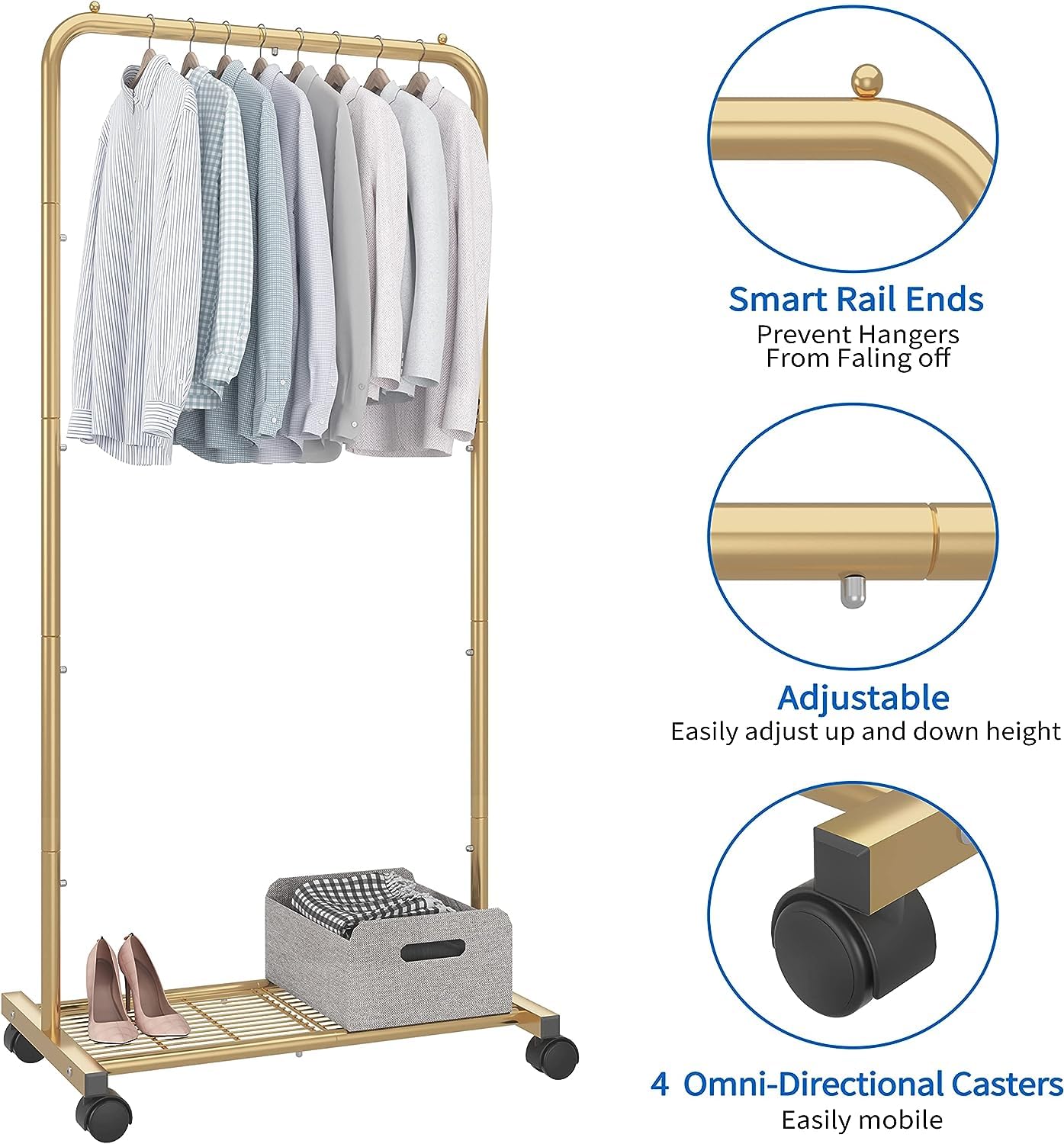 Simple Trending Standard Clothes Garment Rack, Clothing Rolling Rack with Mesh Storage Shelf on Wheels, Golden Yellow