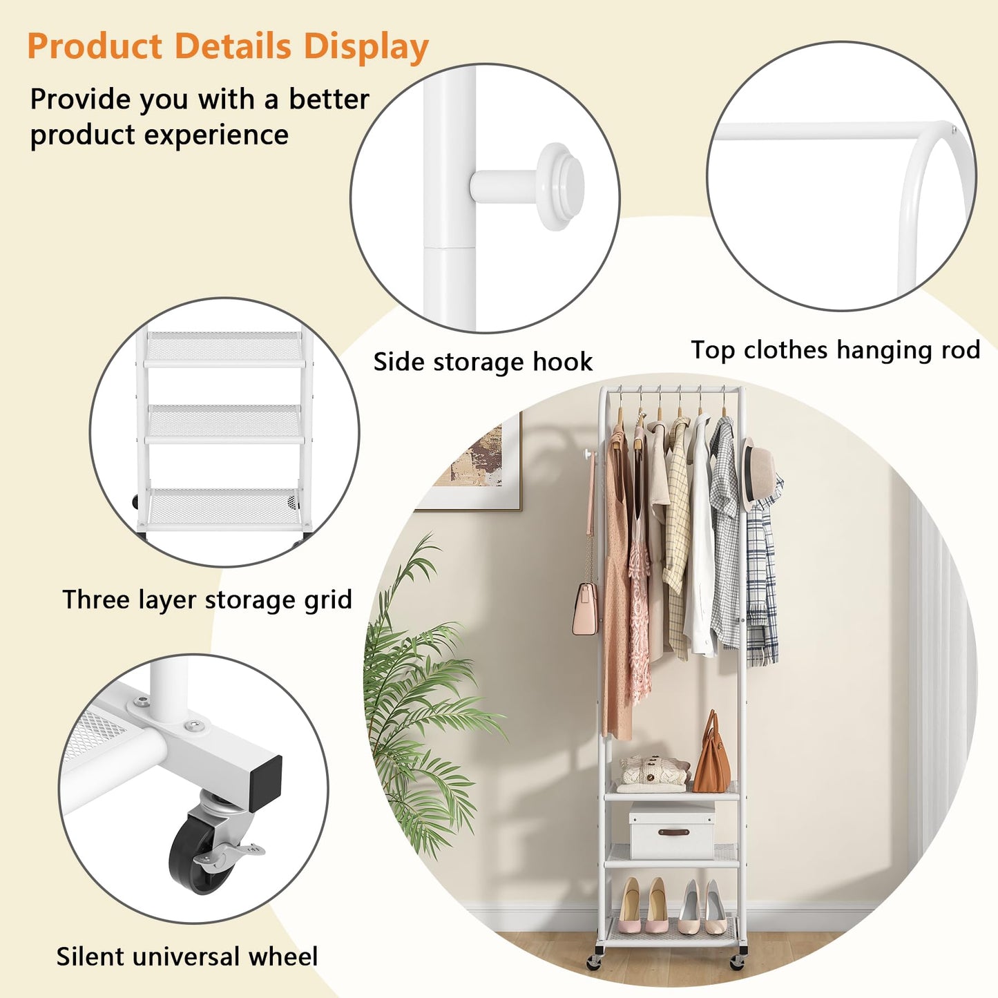 Kaitiemoo Heavy Duty Clothing Rack with Wheels,Modern Garment Rack with 3 Metal Shelves, 71.8Inches Display Rack for Hanging Clothes, Hanging Rod for Small Spaces,White